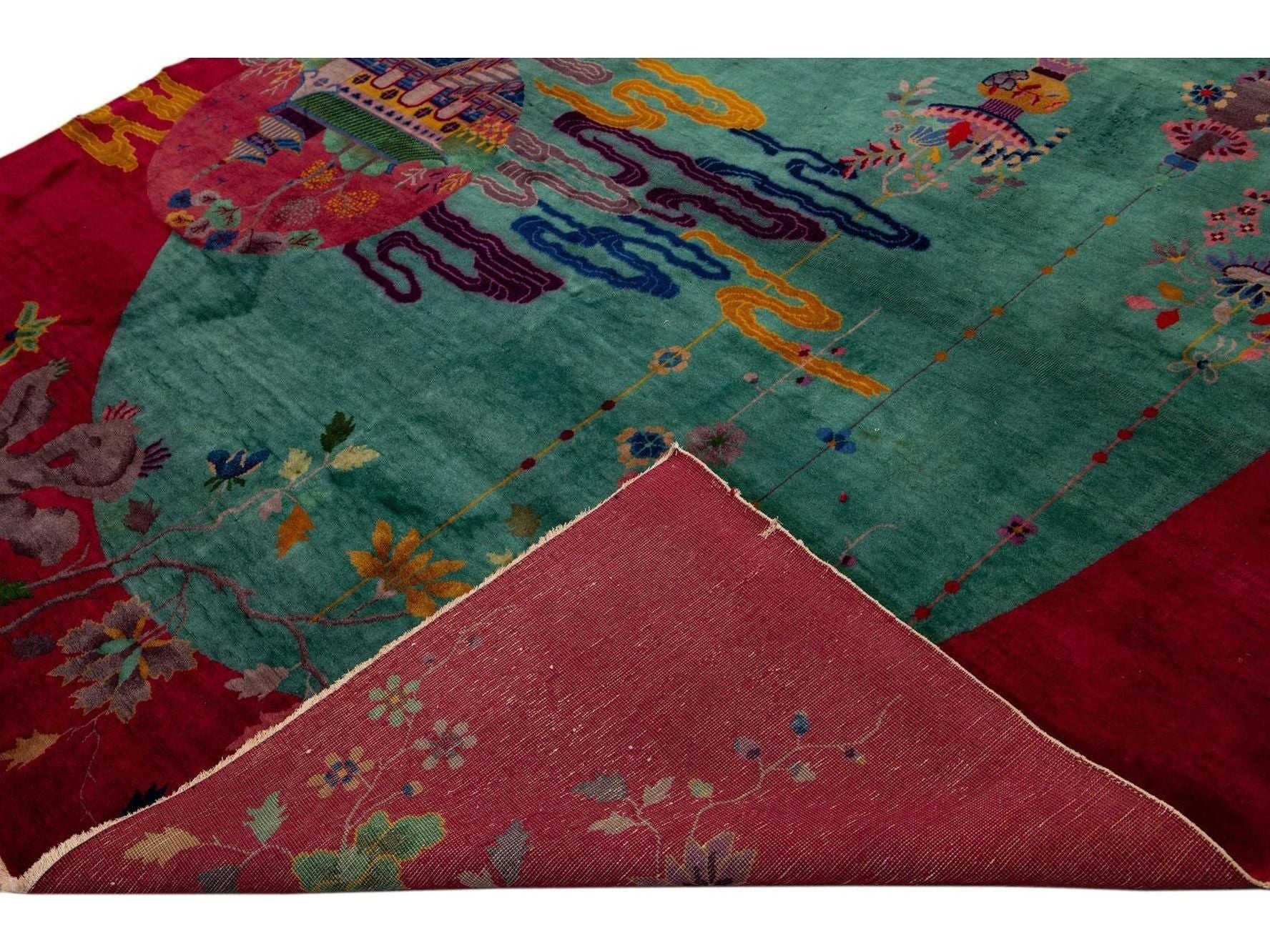  Green And Red Antique Art Deco Handmade Floral Chinese Wool Rug