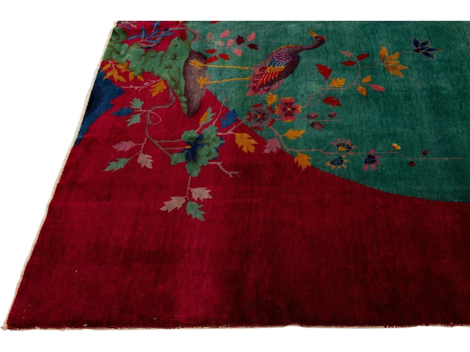  Green And Red Antique Art Deco Handmade Floral Chinese Wool Rug