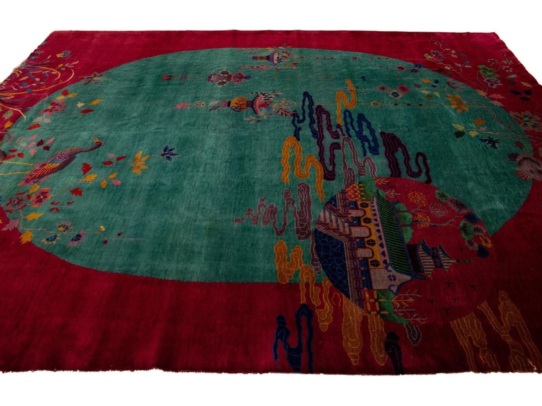  Green And Red Antique Art Deco Handmade Floral Chinese Wool Rug