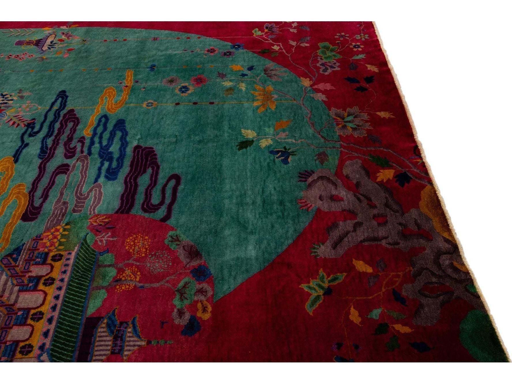  Green And Red Antique Art Deco Handmade Floral Chinese Wool Rug