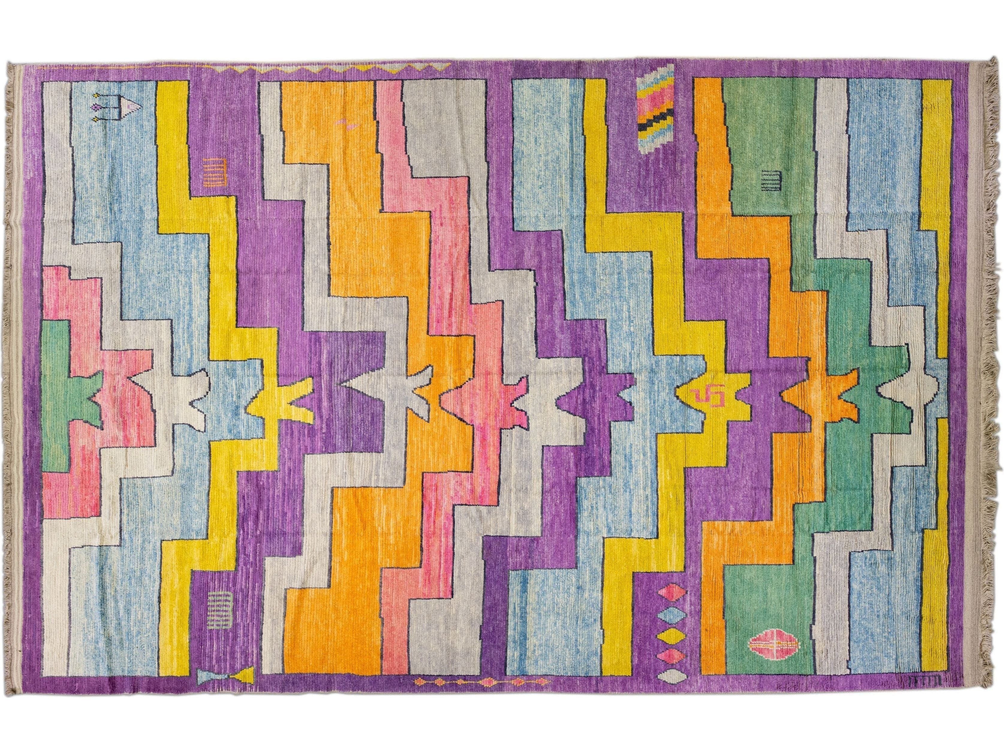 Modern Turkish Tulu Handmade Multicolor Geometric Motif Oversize Wool Rug