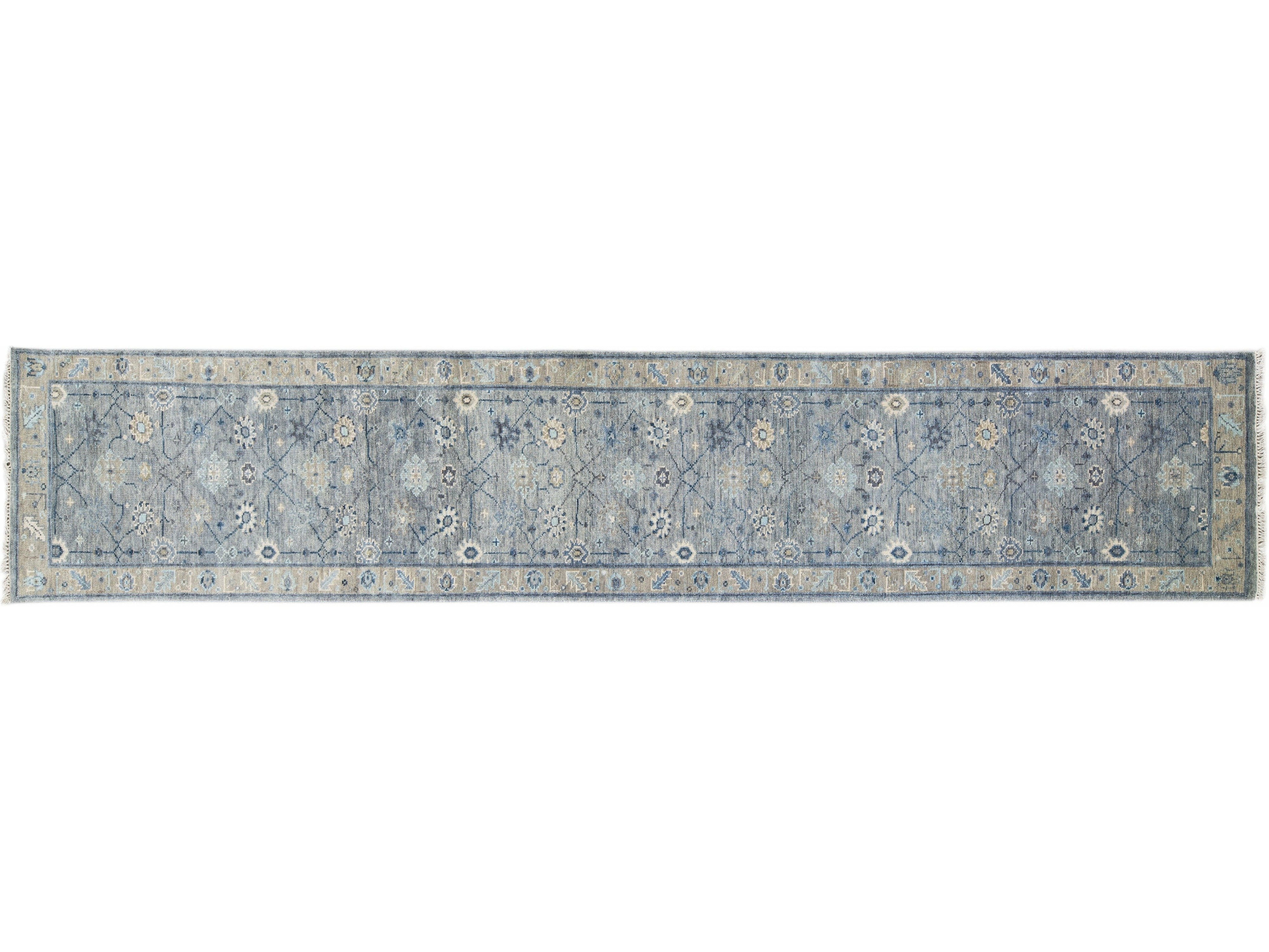 Modern Gray Oushak Style Handmade Floral Motif Wool Runner