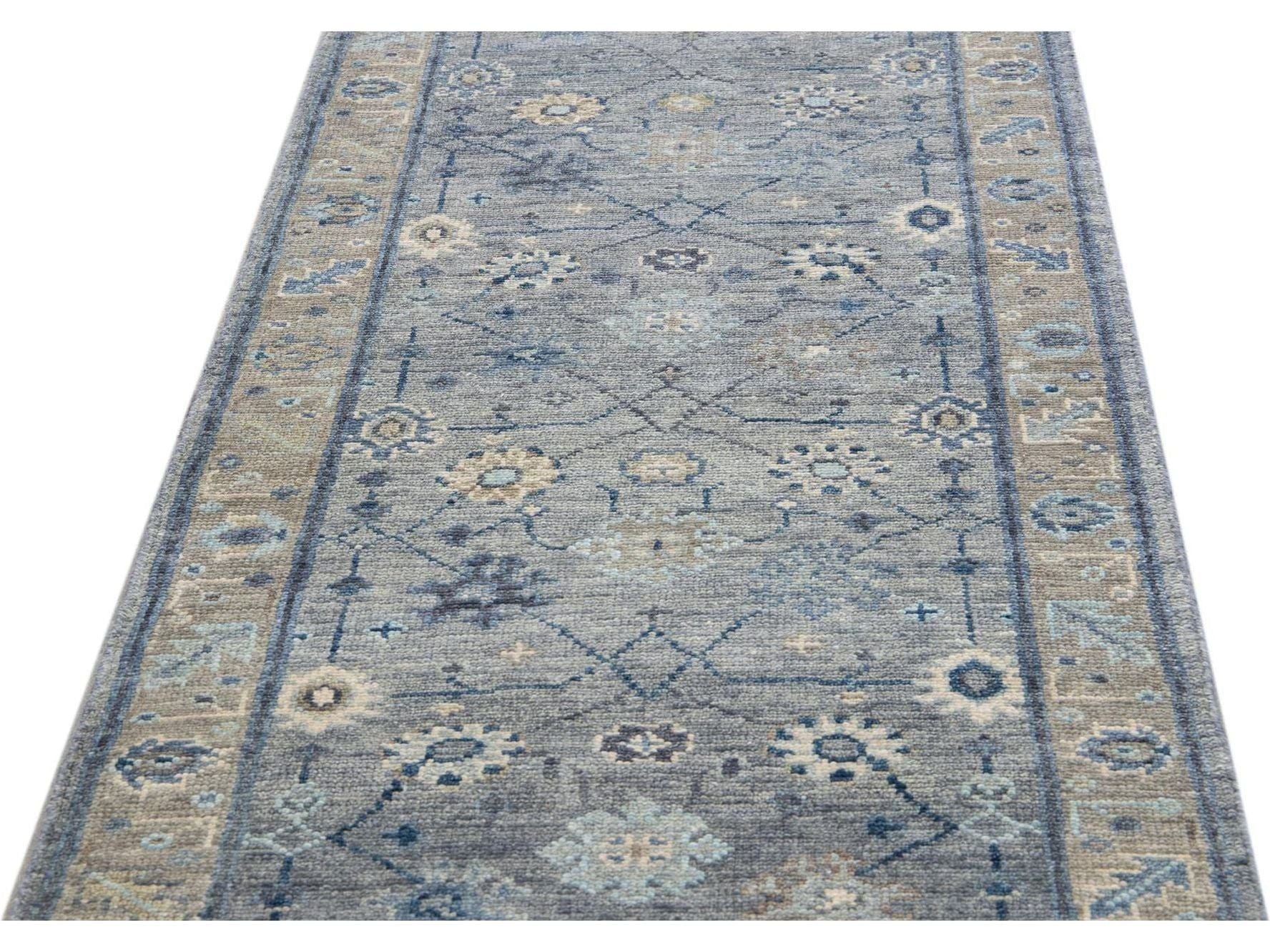 Modern Gray Oushak Style Handmade Floral Motif Wool Runner