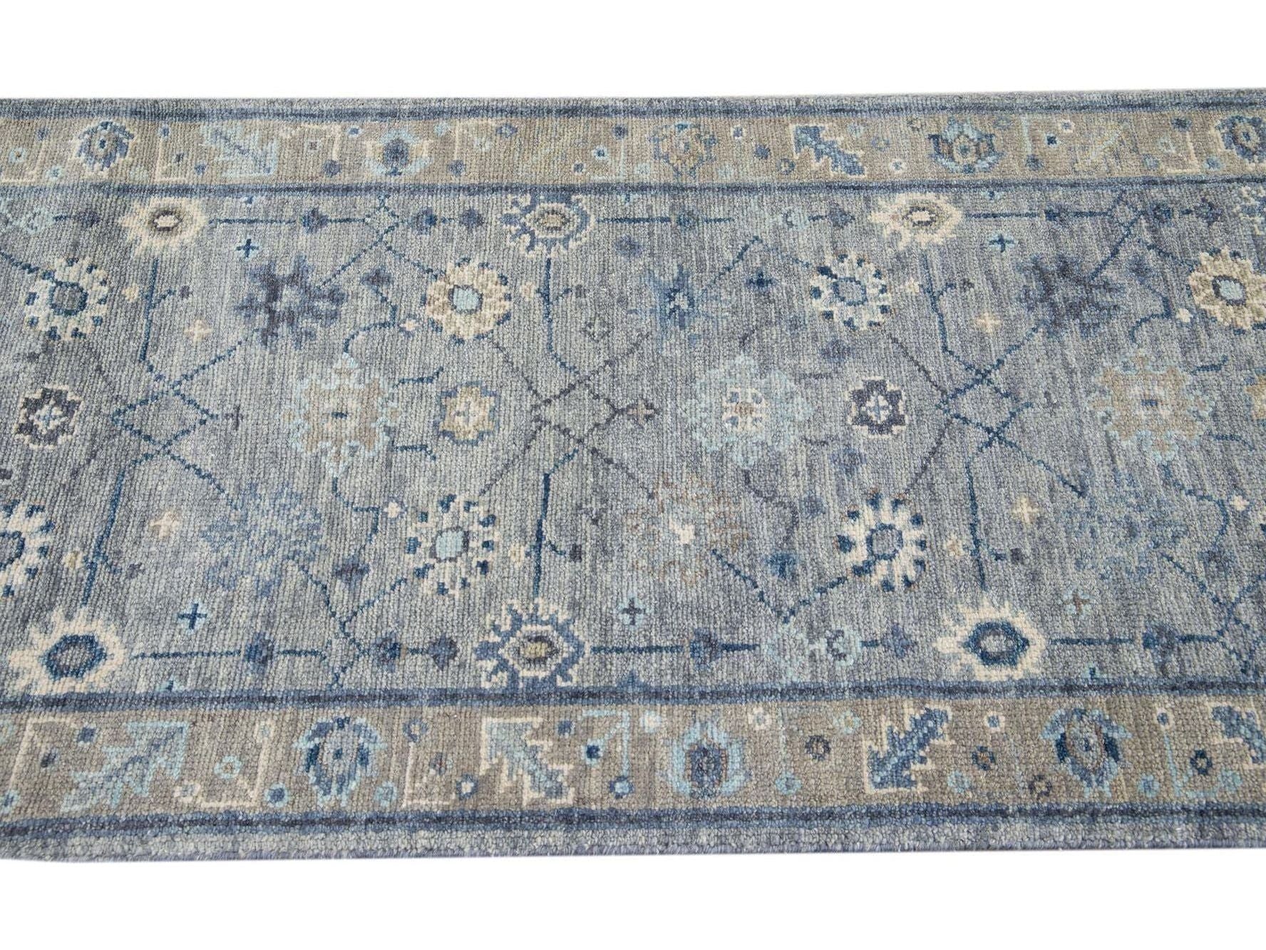 Modern Gray Oushak Style Handmade Floral Motif Wool Runner