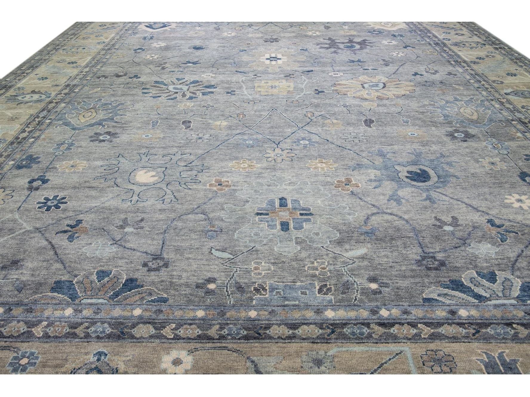 Gray Modern Oushak style Handmade Floral Motif Oversize Wool Rug