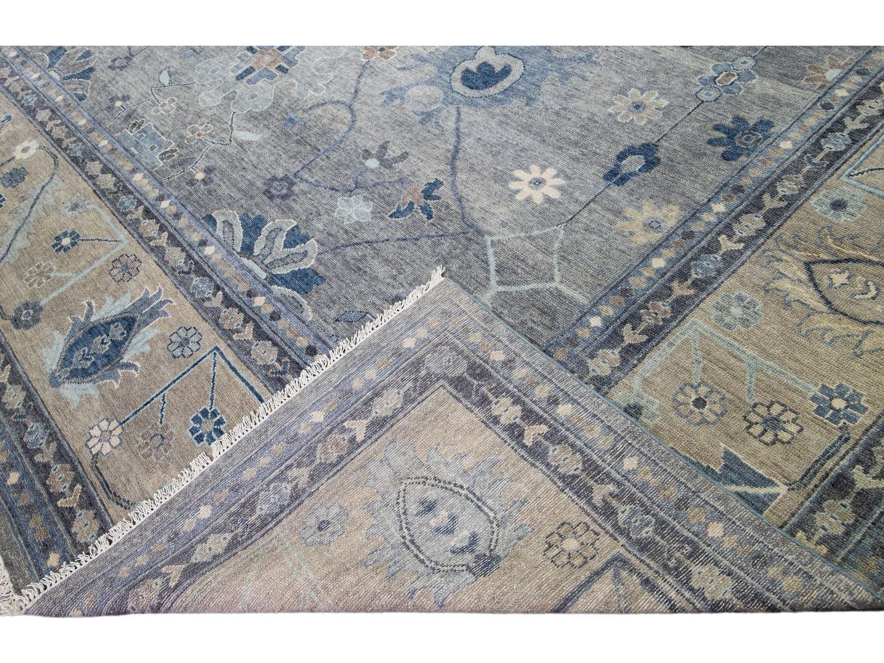 Gray Modern Oushak style Handmade Floral Motif Oversize Wool Rug