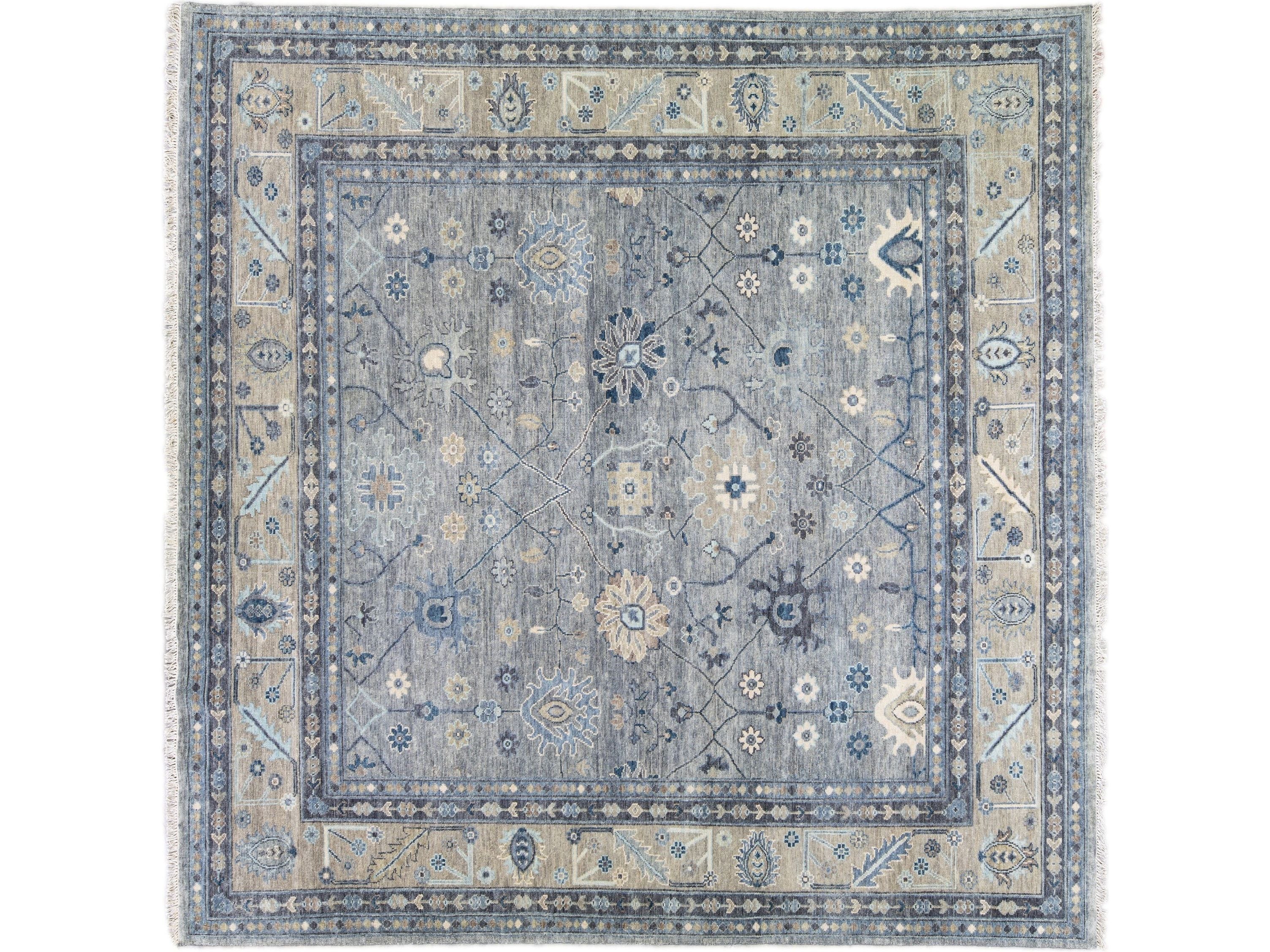 Modern Oushak style Handmade Floral Motif Gray And Beige Square Wool Rug