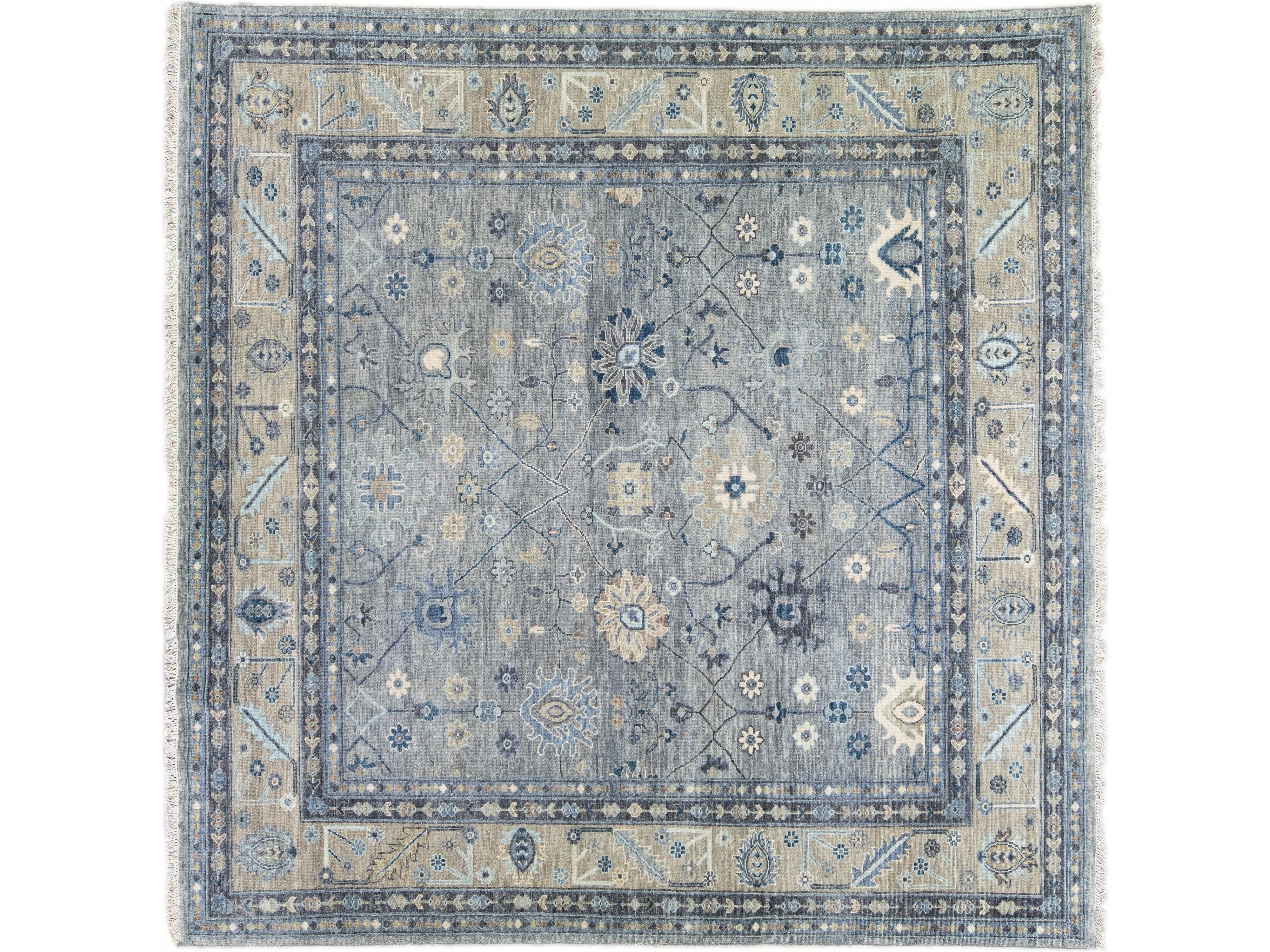 Modern Oushak style Handmade Floral Motif Gray And Beige Square Wool Rug