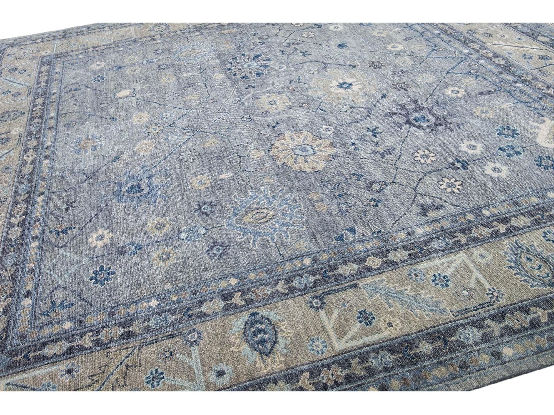 Modern Oushak style Handmade Floral Motif Gray And Beige Square Wool Rug