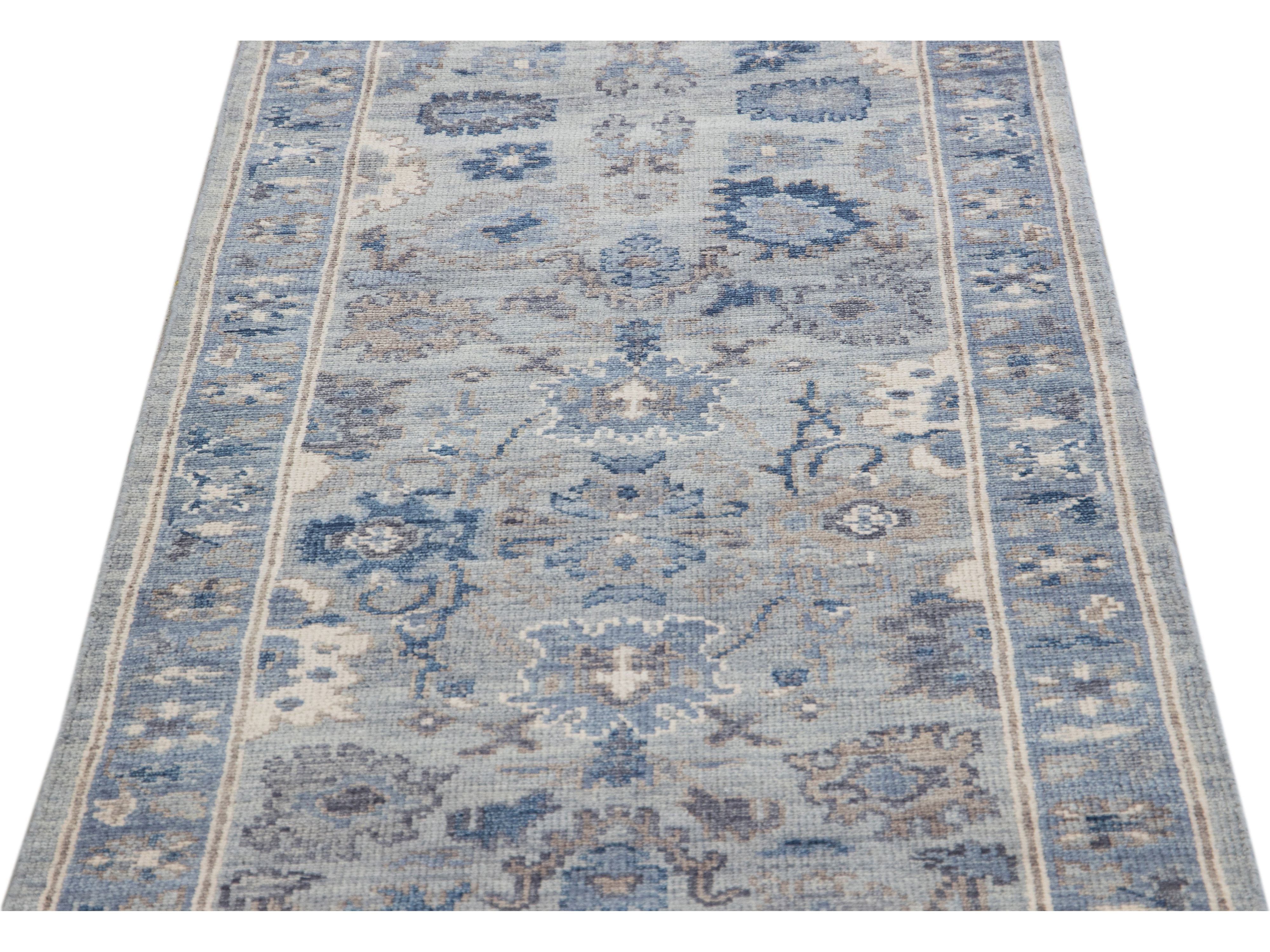 Modern Silver and Blue Oushak Style Handmade Floral Motif Wool Runner