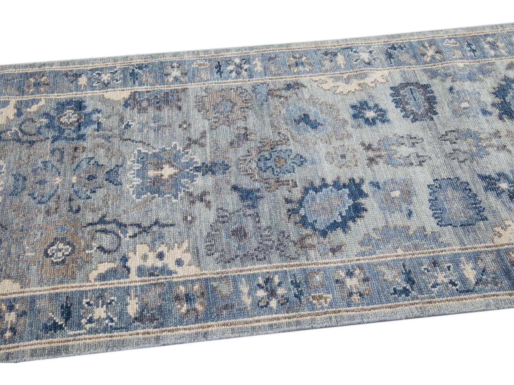 Modern Silver and Blue Oushak Style Handmade Floral Motif Wool Runner