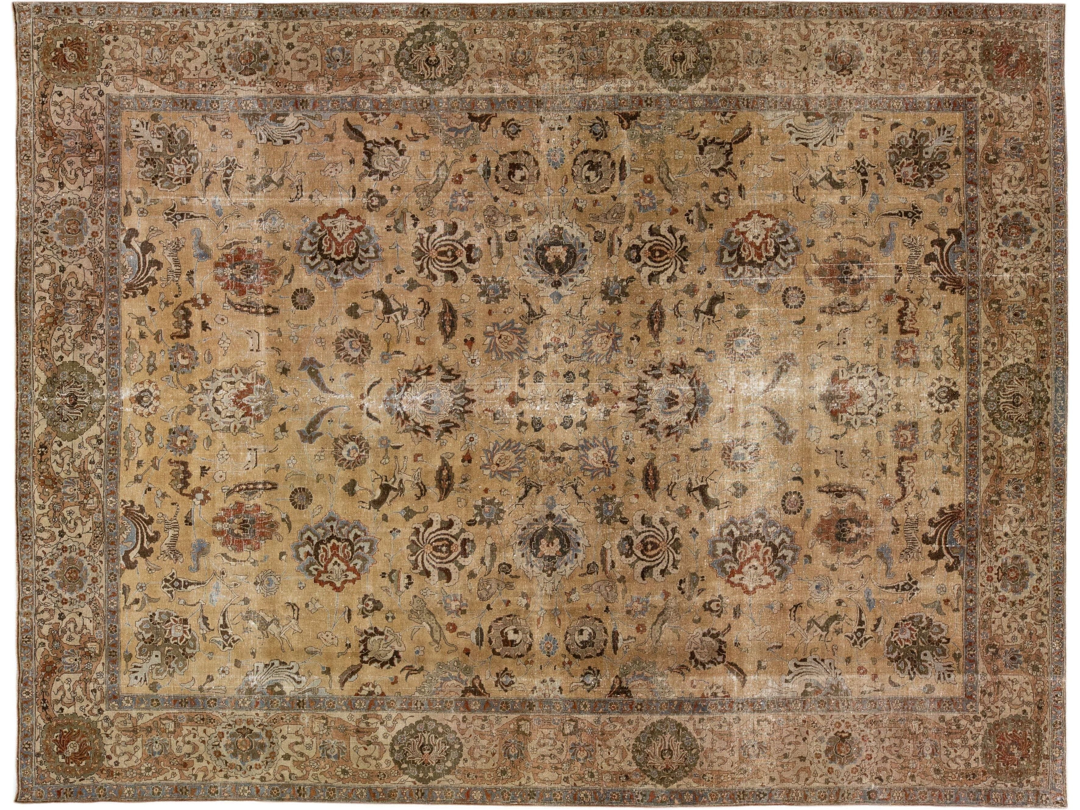Antique Tabriz Handmade Brown Persian Wool Rug With Floral Motif