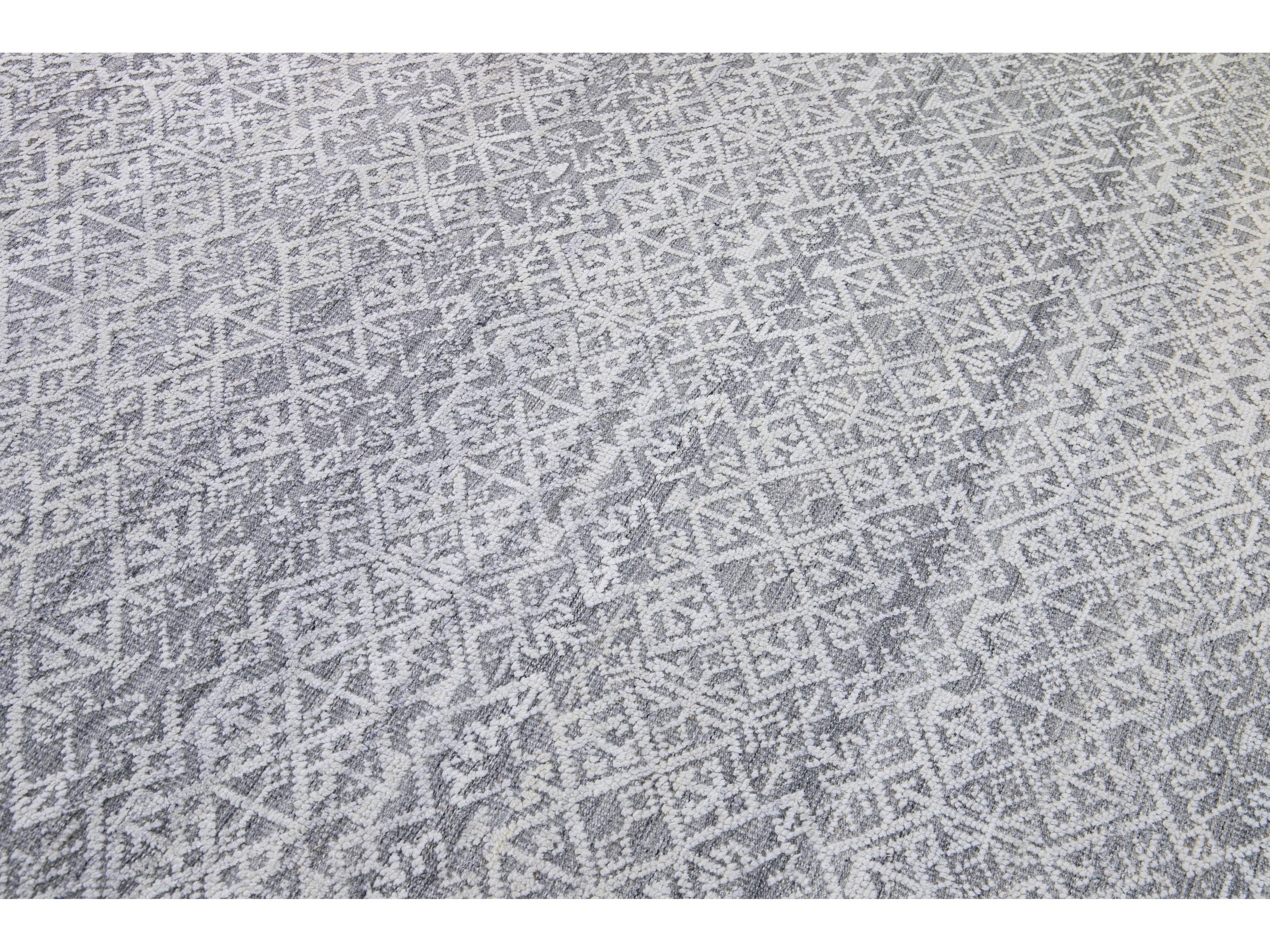 Modern Transitional Gray and Ivory Handmade Allover Geometric Oversize Wool Rug