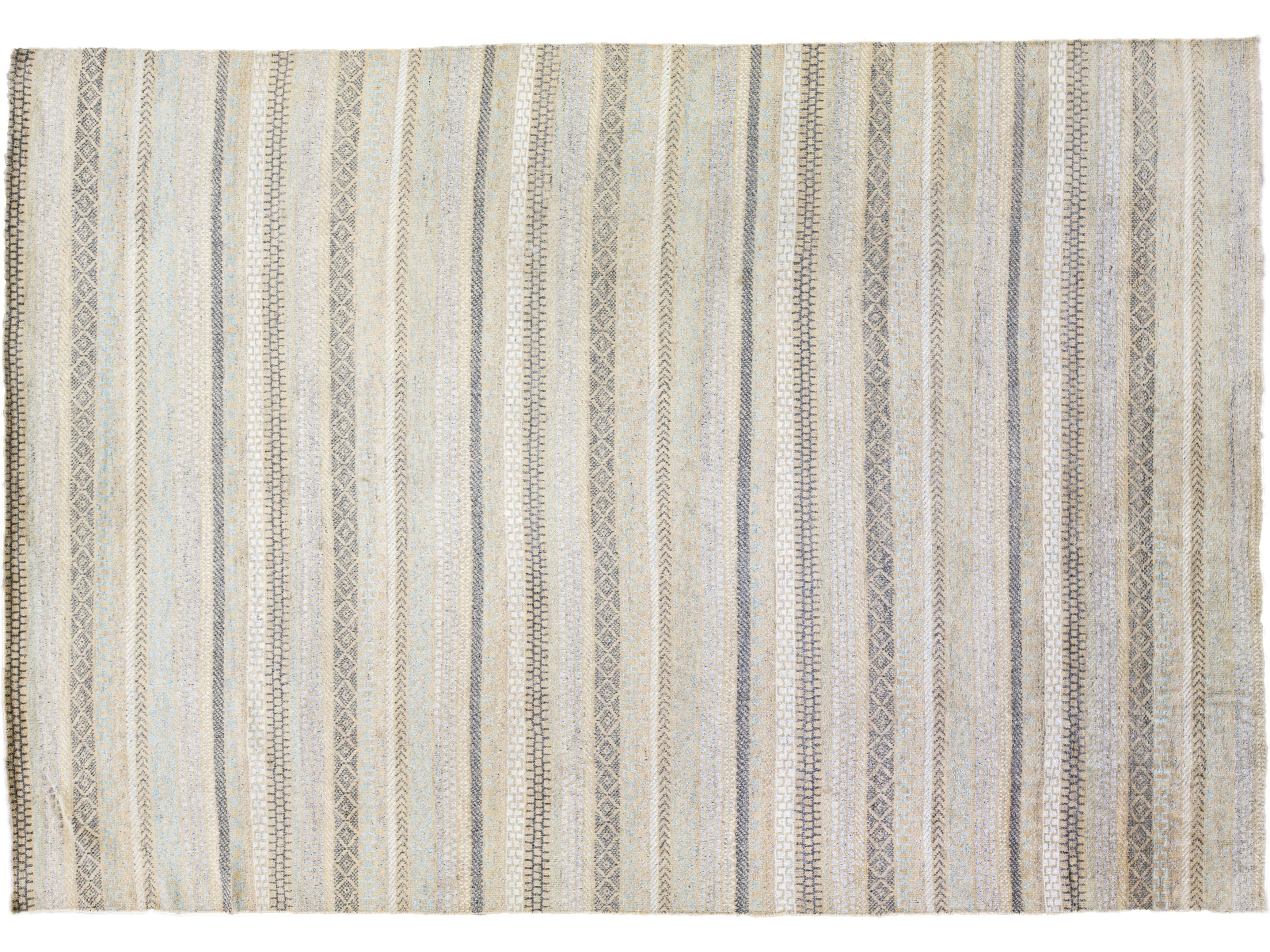 Modern Apadana's Safi Collection Handmade Stripe Designed Wool Rug