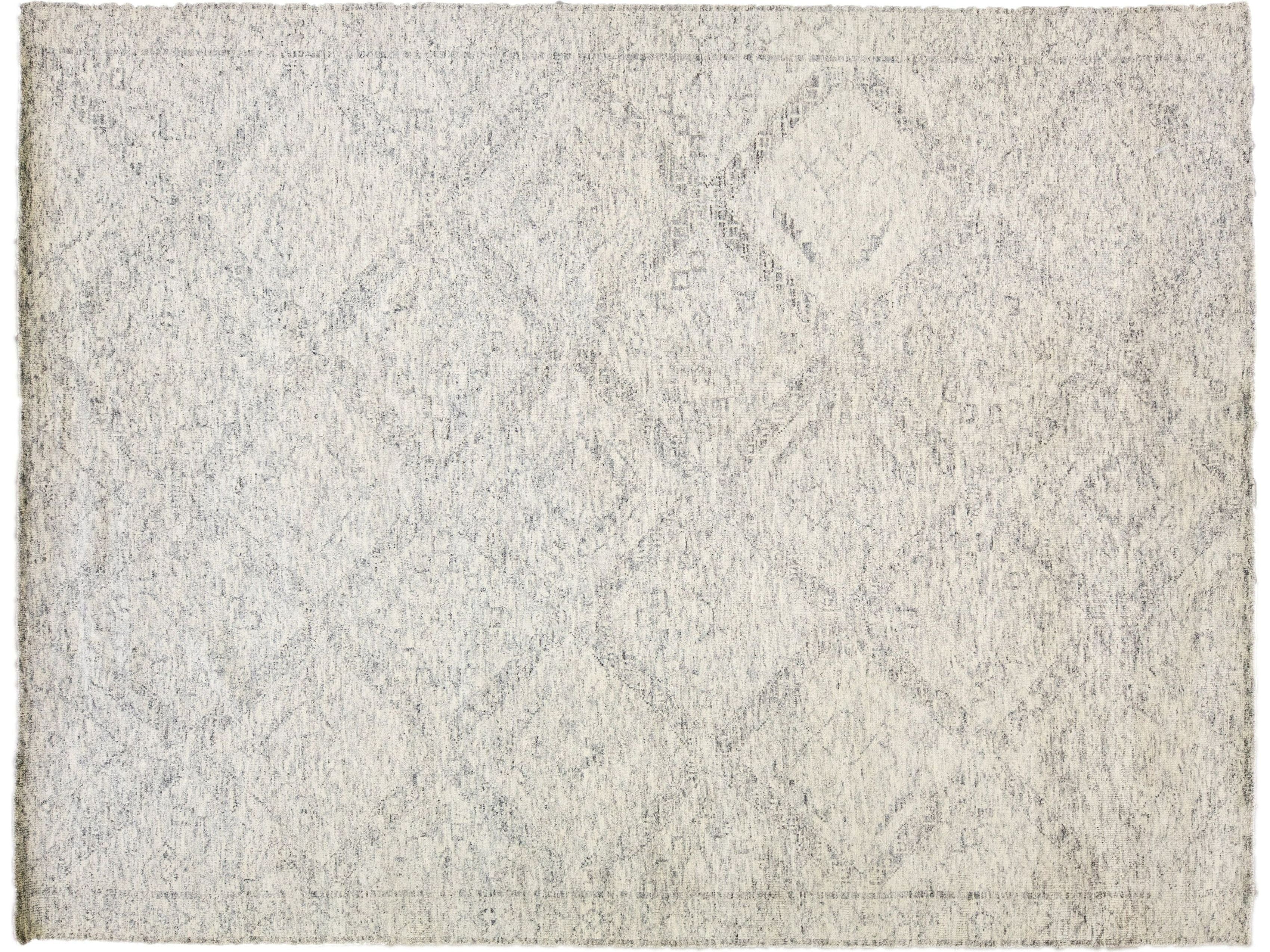 Modern Moroccan Style Handmade Geometric Ivory and Gray Wool Rug by Apadana