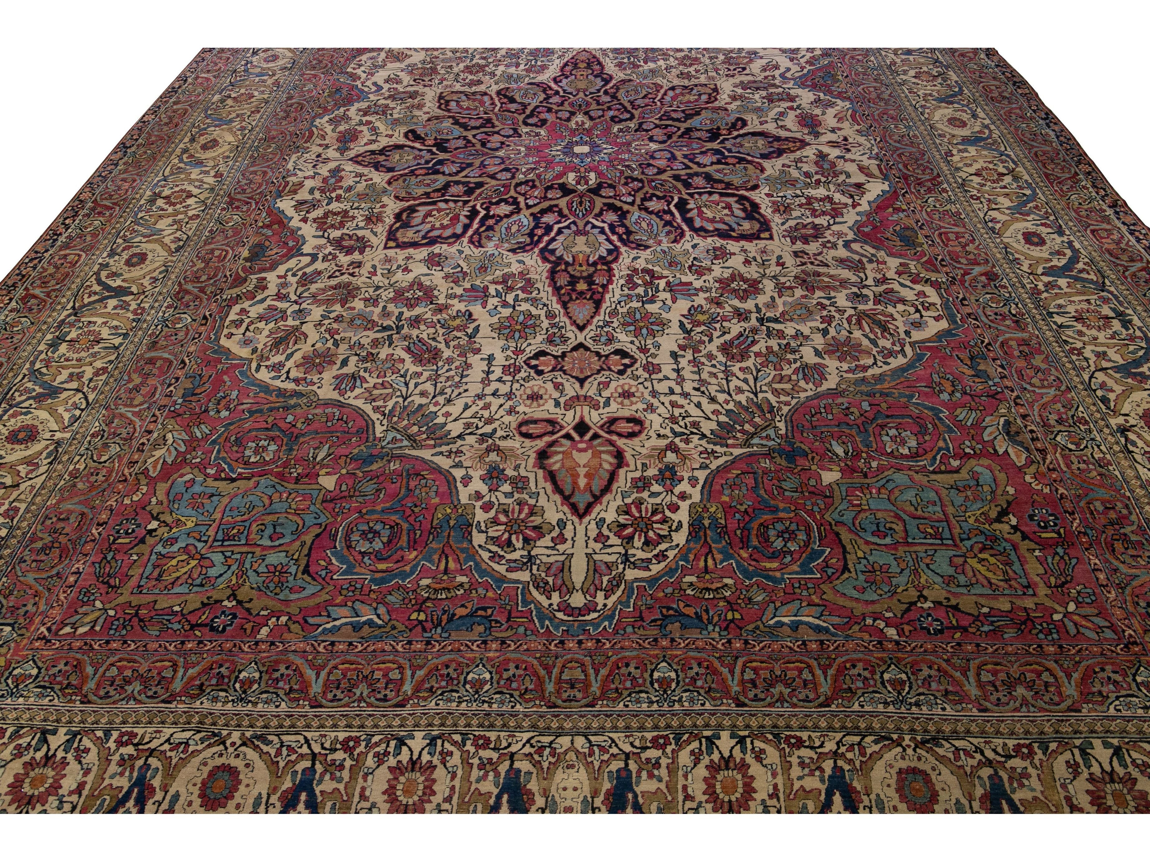 Antique Persian Kerman Handmade Medallion Red Oversize Wool Rug