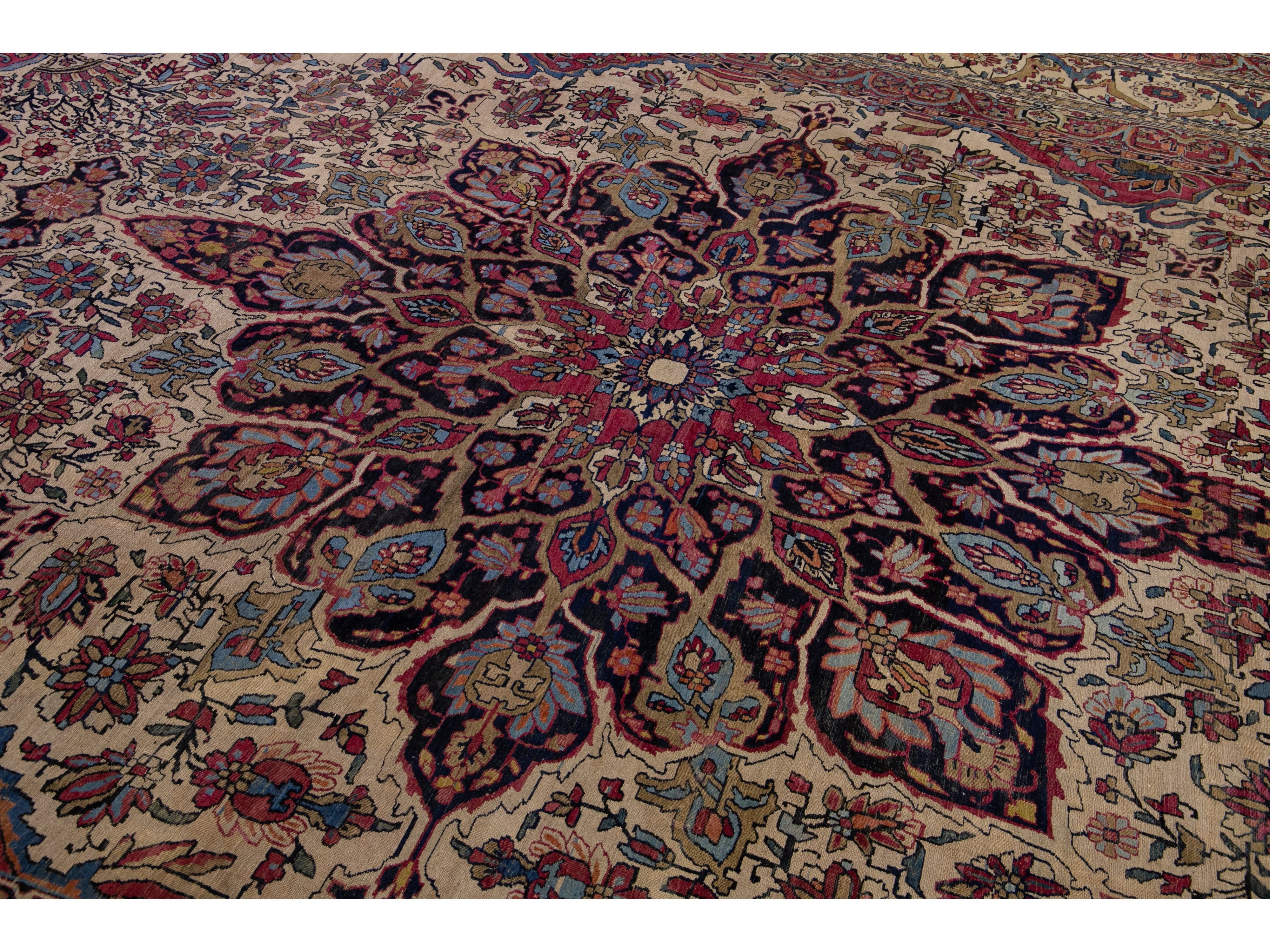 Antique Persian Kerman Handmade Medallion Red Oversize Wool Rug