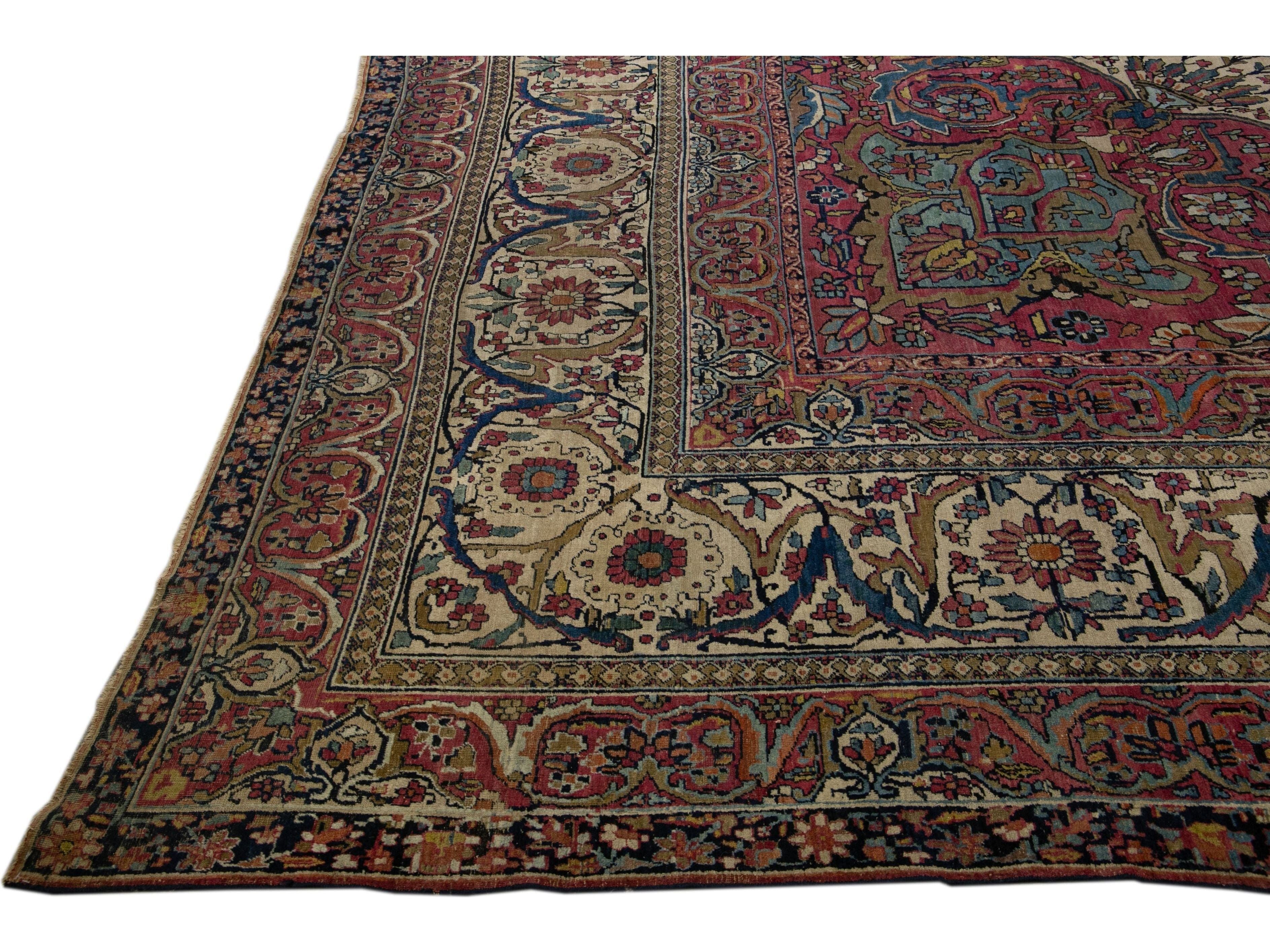 Antique Persian Kerman Handmade Medallion Red Oversize Wool Rug