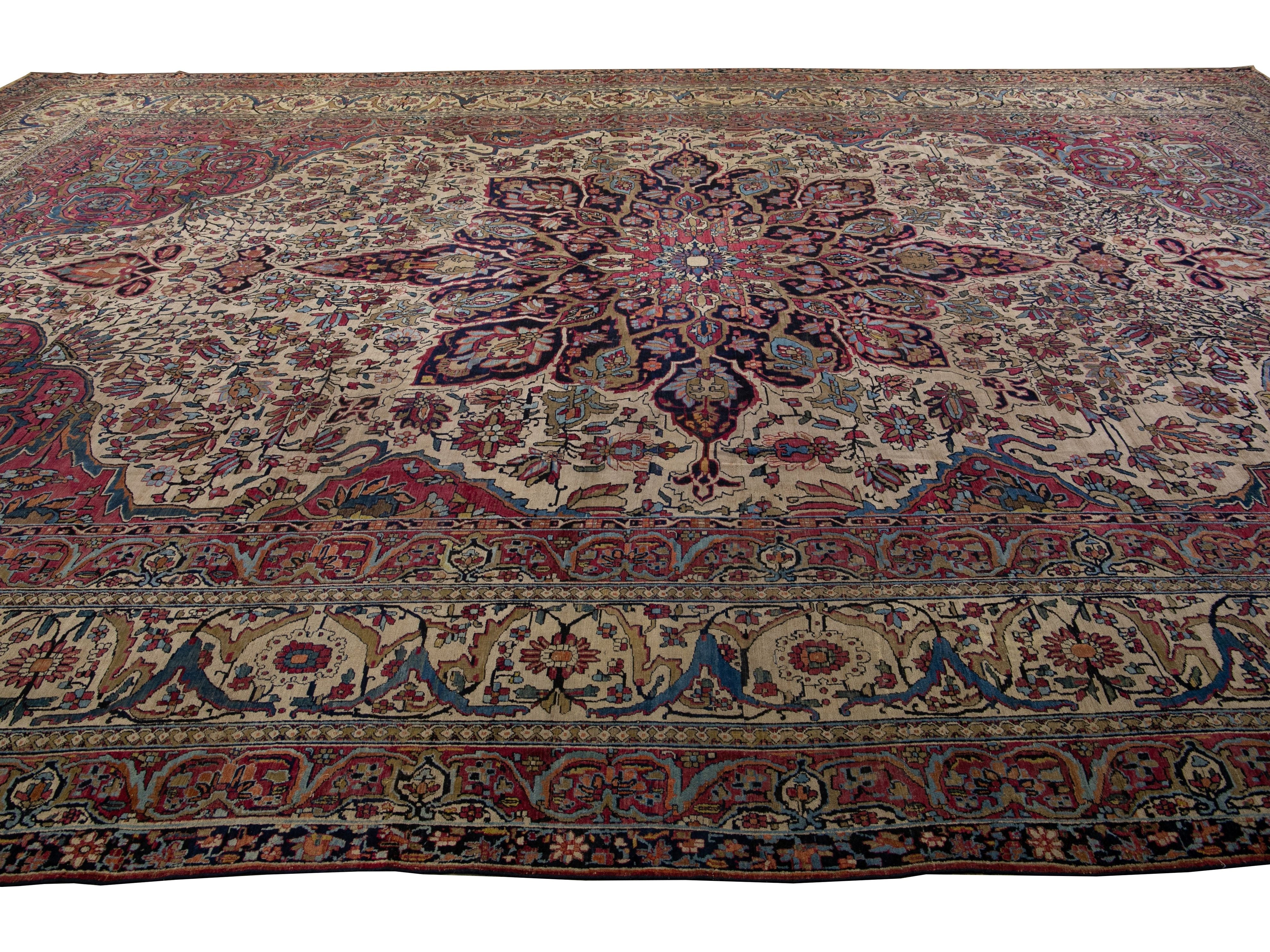 Antique Persian Kerman Handmade Medallion Red Oversize Wool Rug