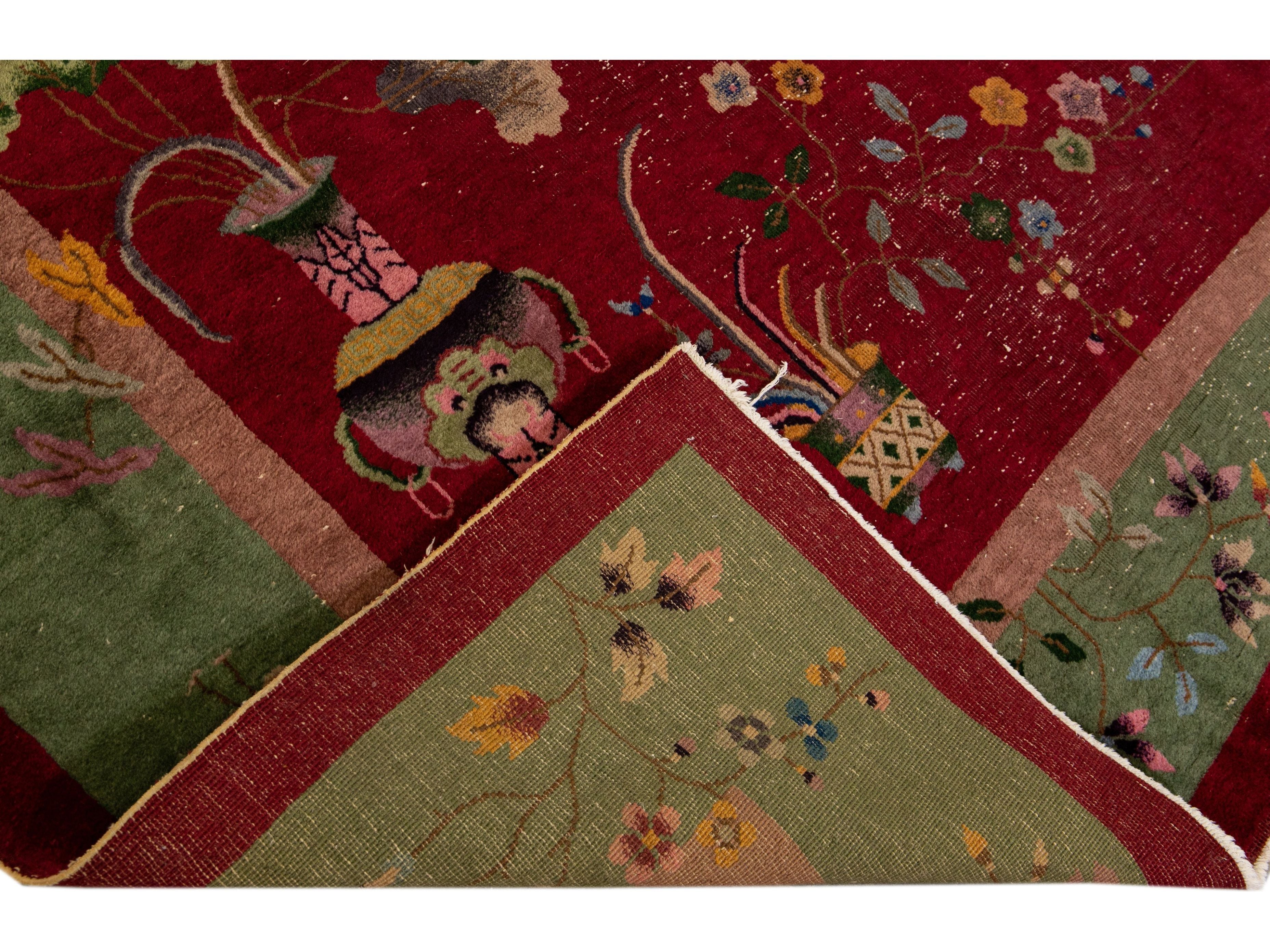 Antique Art Deco Handmade Chinese Floral Pattern Red Wool Rug