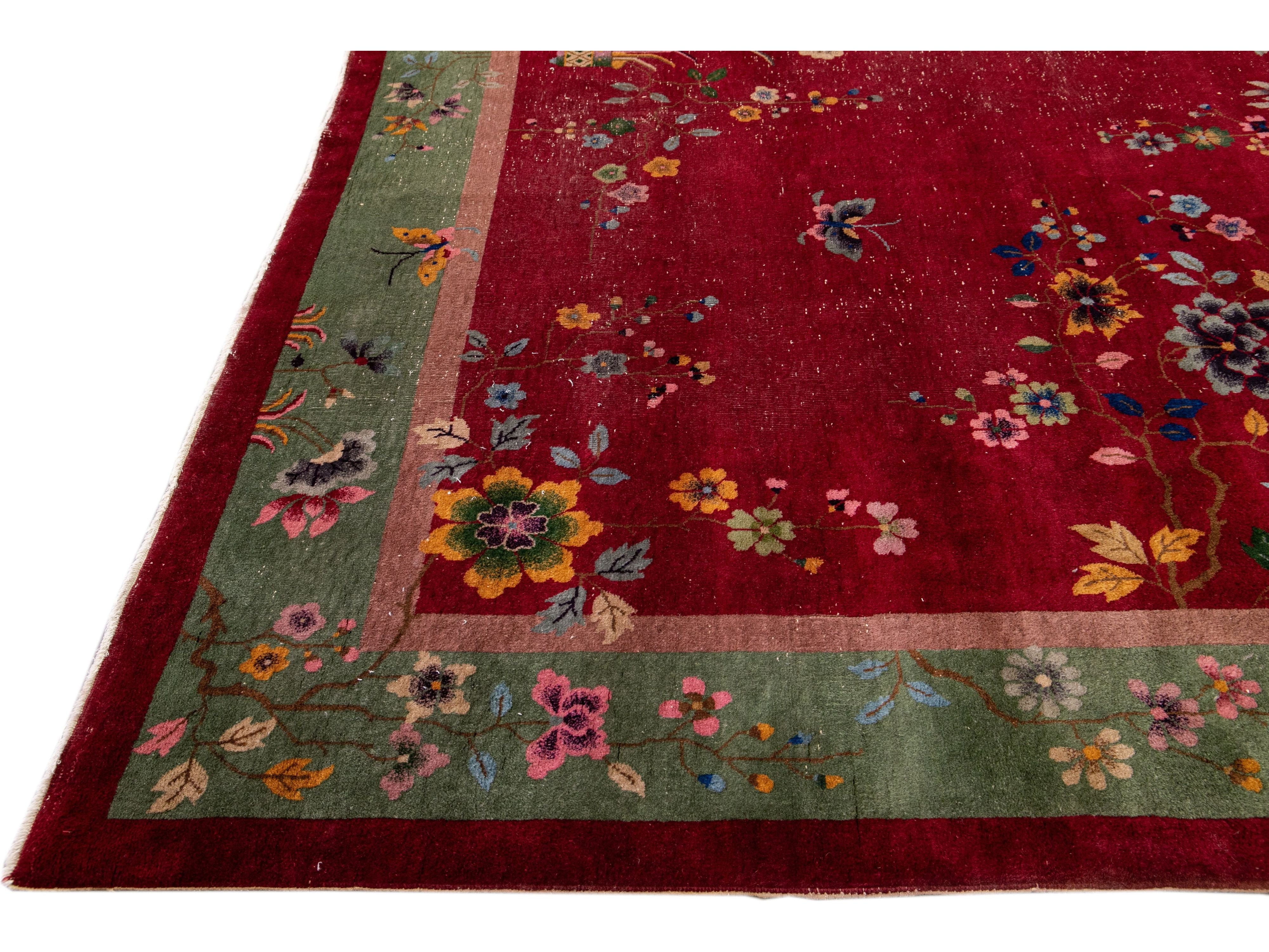 Antique Art Deco Handmade Chinese Floral Pattern Red Wool Rug