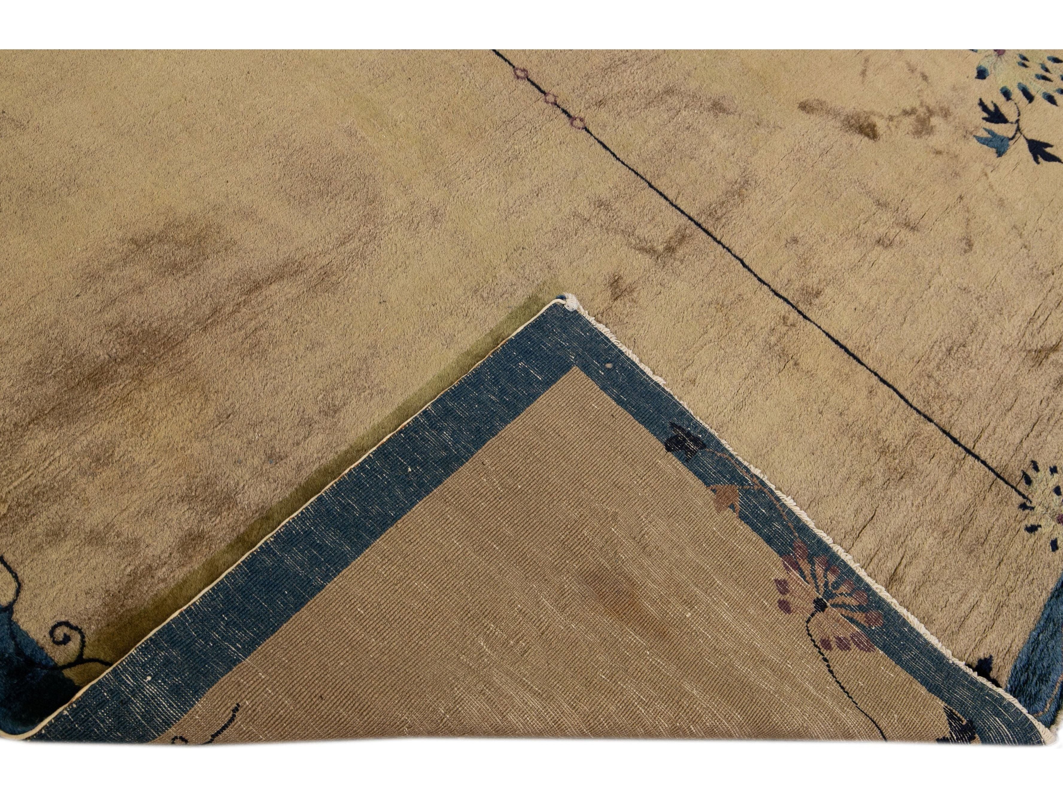 Antique Peking Brown Handmade Chinese Floral Wool Runner Rug