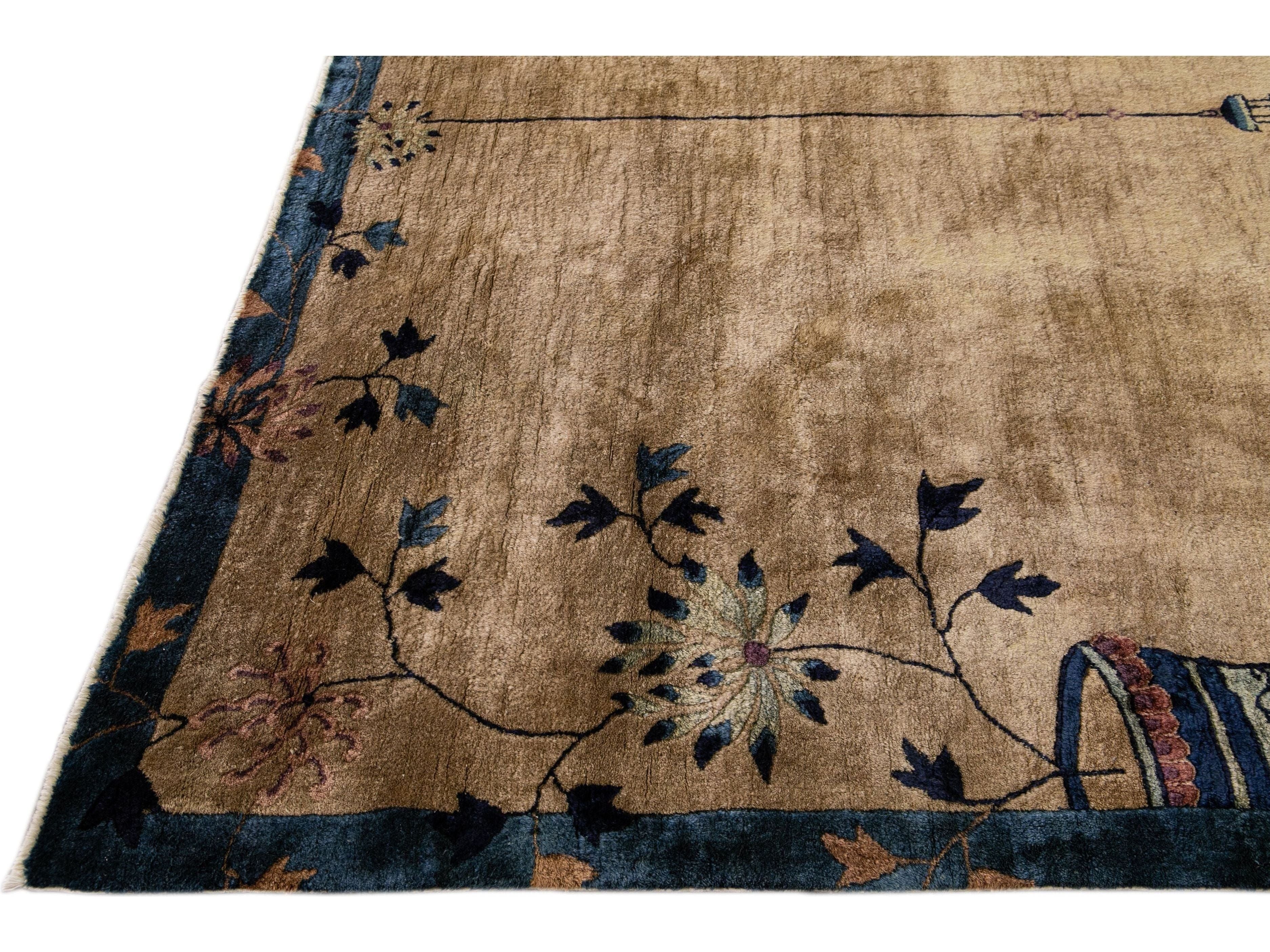 Antique Peking Brown Handmade Chinese Floral Wool Runner Rug