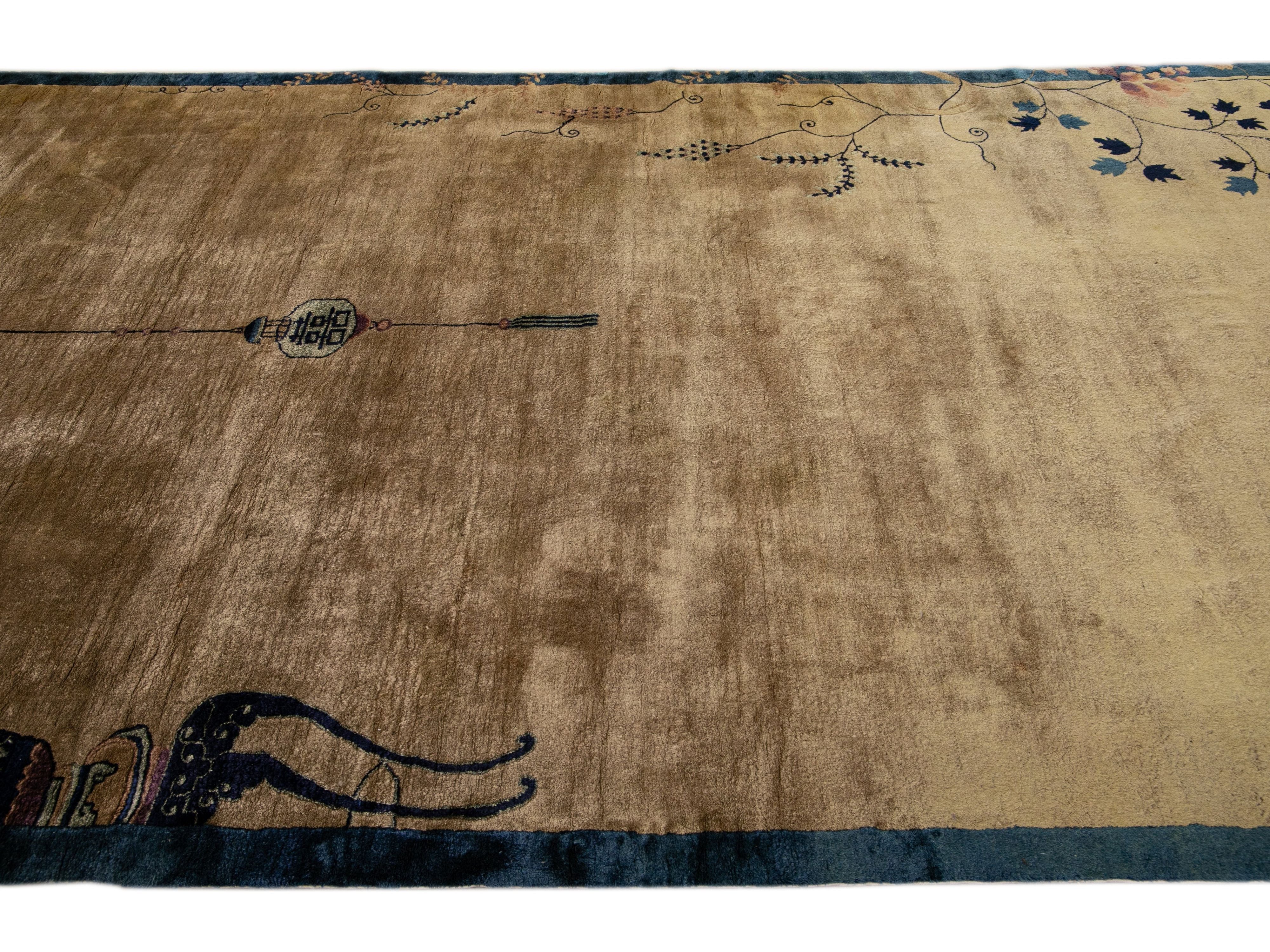 Antique Peking Brown Handmade Chinese Floral Wool Runner Rug
