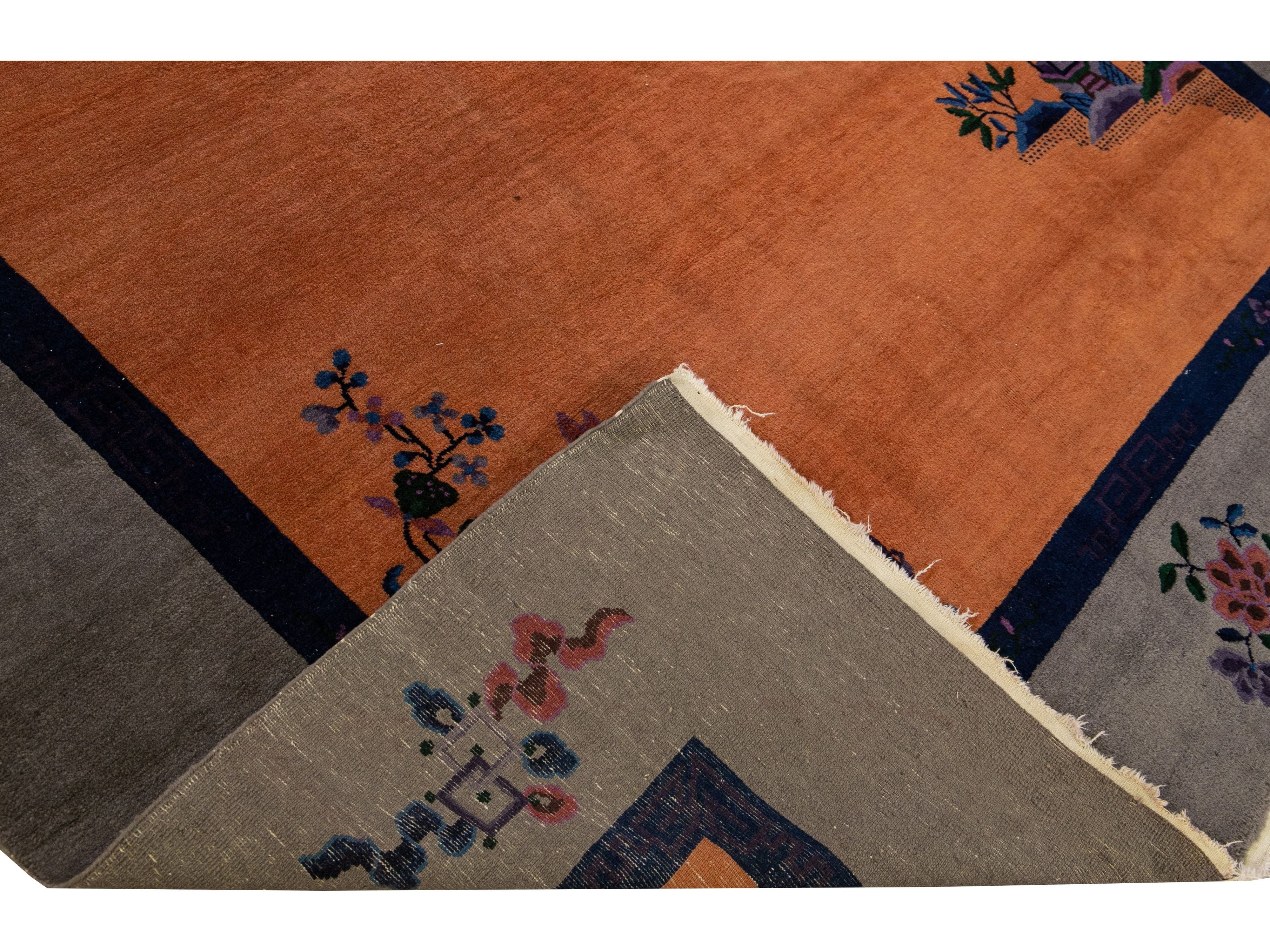 Antique Art Deco Gray and Tan Chinese Handmade Wool Rug