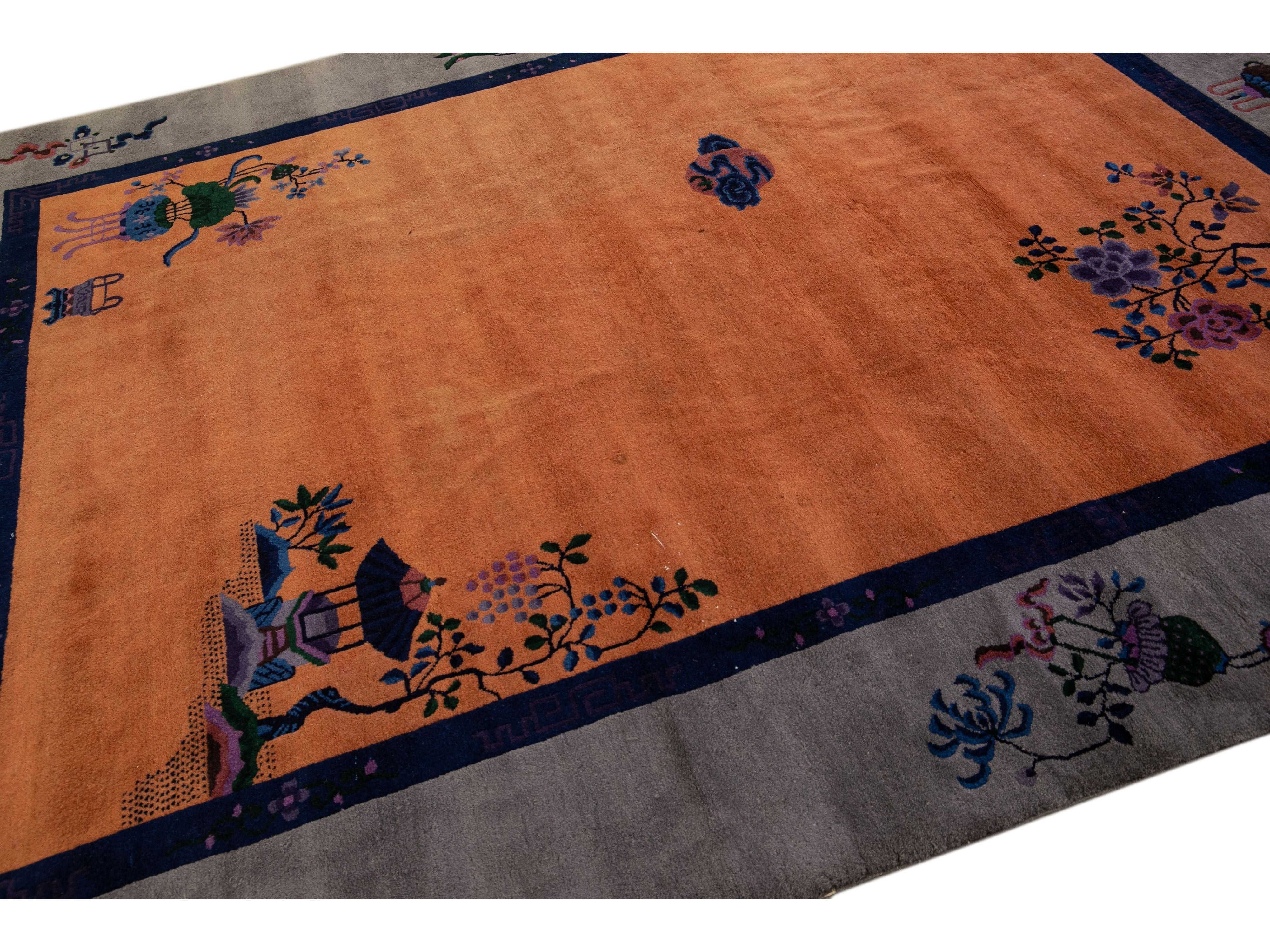 Antique Art Deco Gray and Tan Chinese Handmade Wool Rug