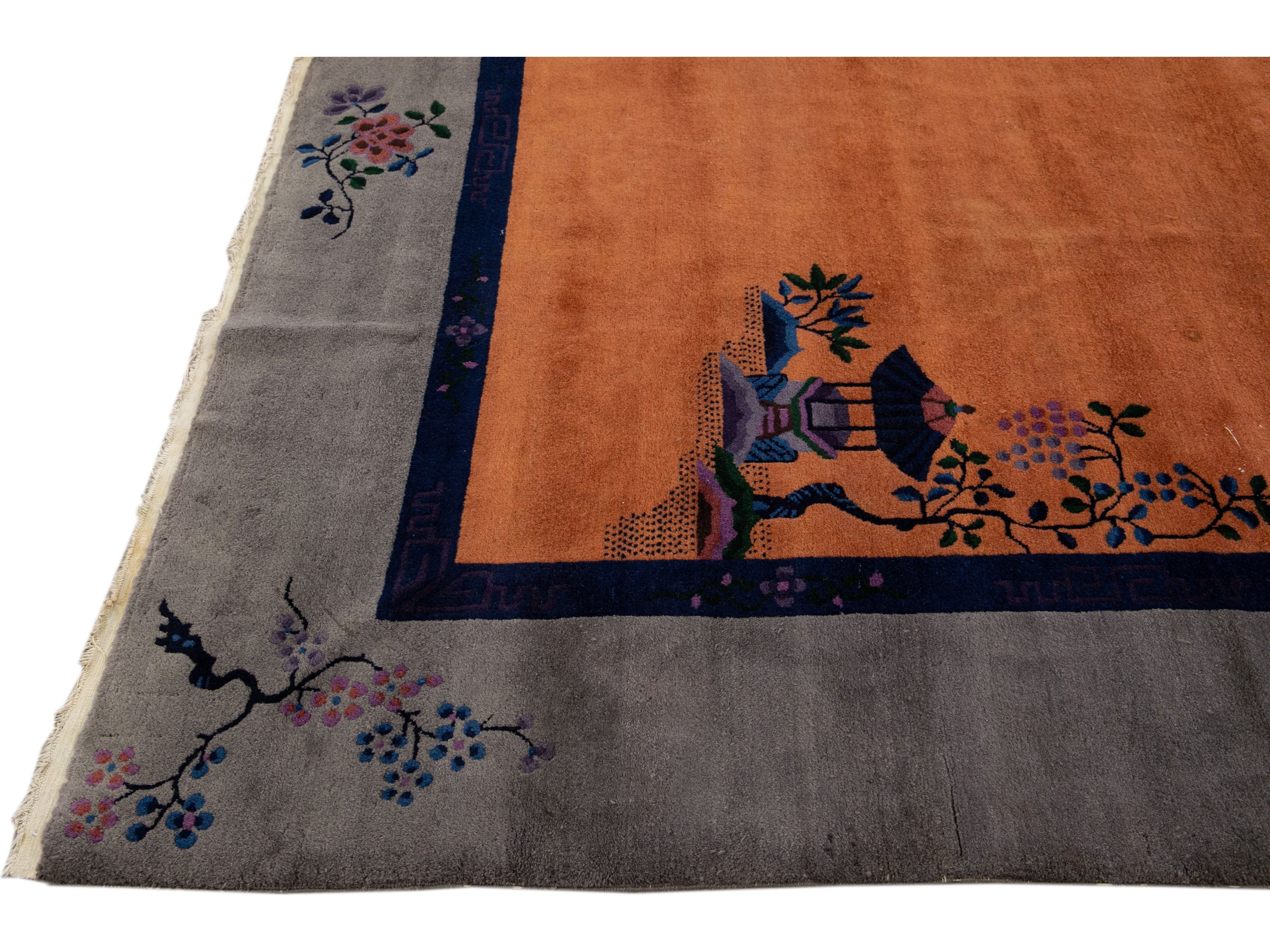 Antique Art Deco Gray and Tan Chinese Handmade Wool Rug
