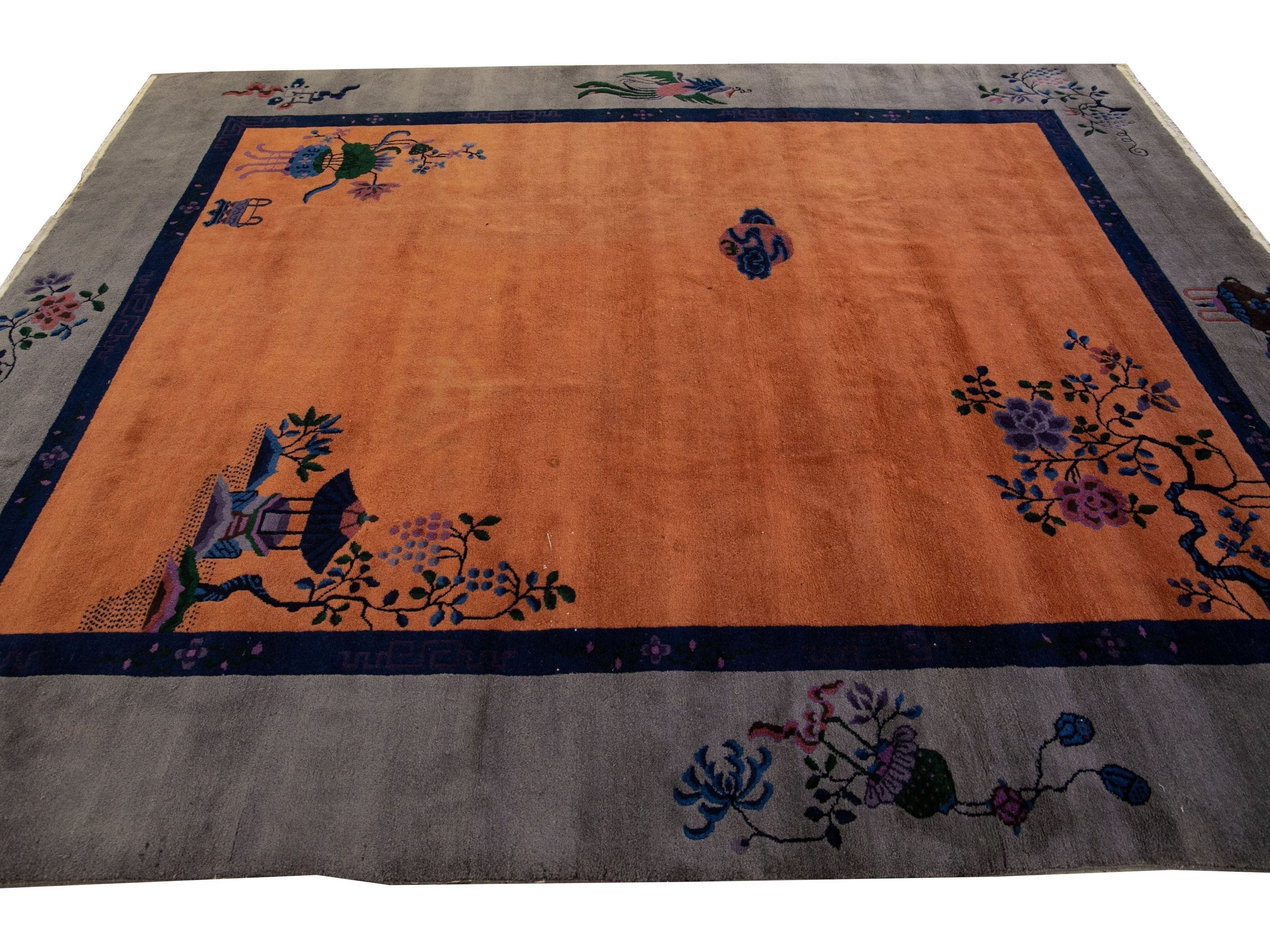 Antique Art Deco Gray and Tan Chinese Handmade Wool Rug