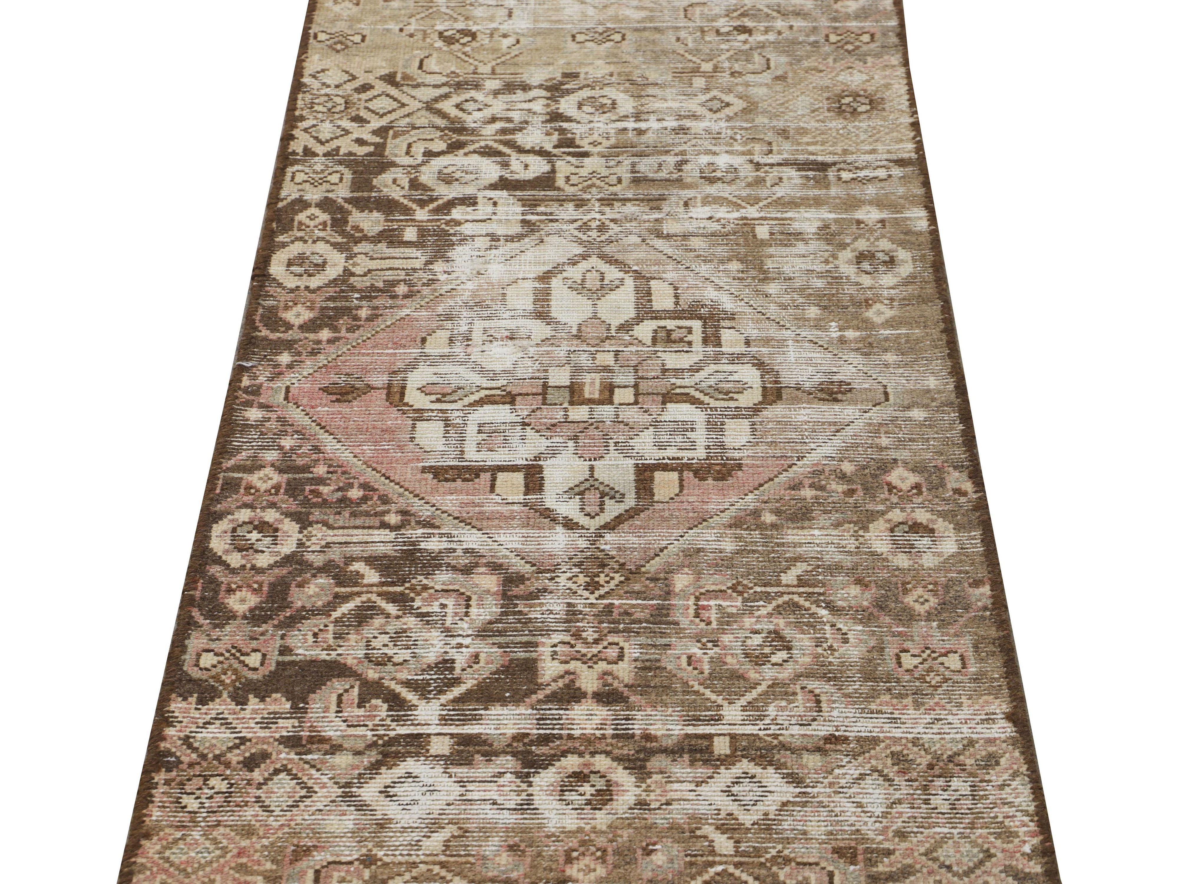 Vintage Malayer Handmade Medallion Floral Distressed Brown Wool Runner