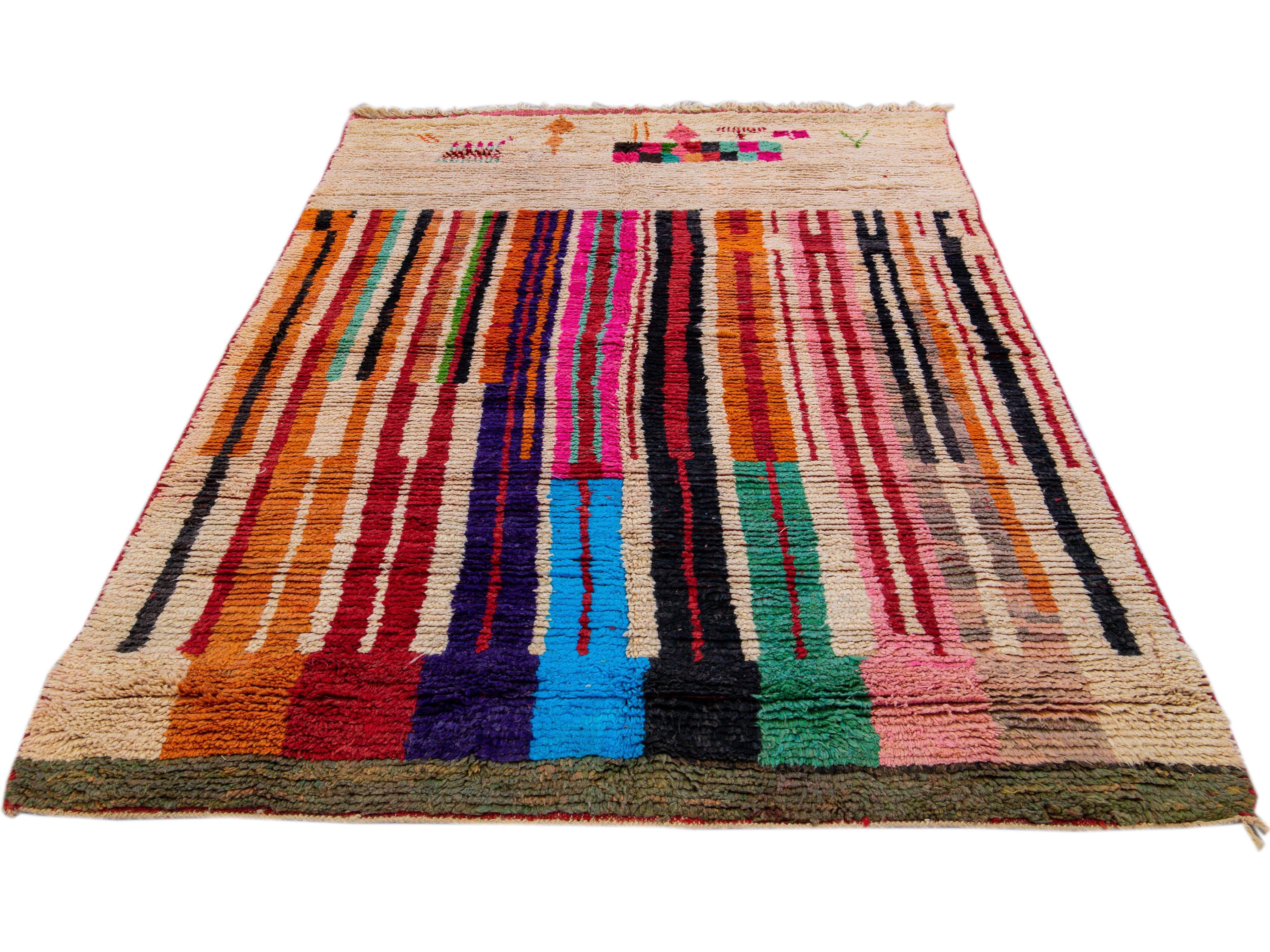  Vintage Beni Ourain Moroccan Handmade Multicolor Designed Beige Wool Rug