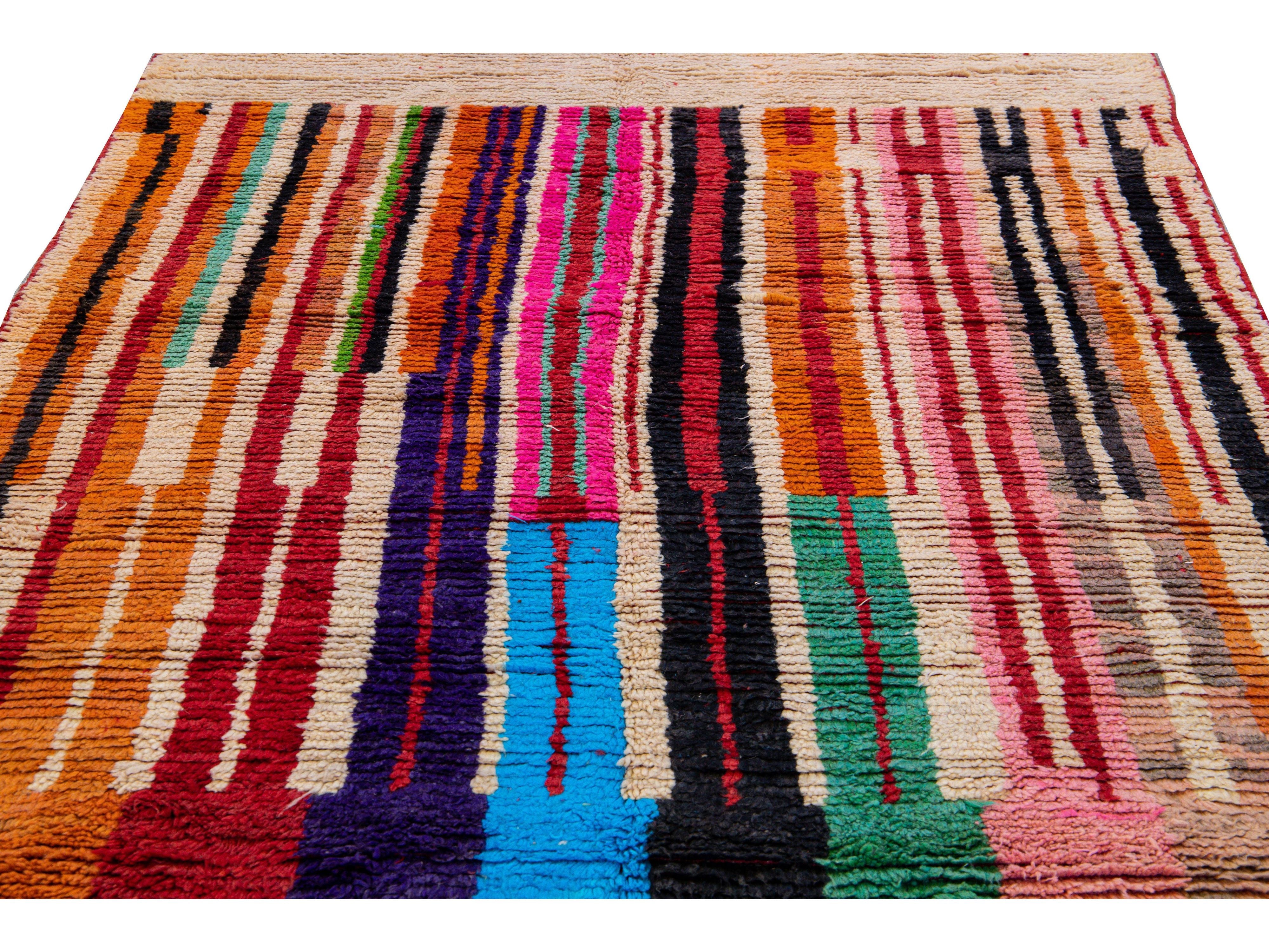  Vintage Beni Ourain Moroccan Handmade Multicolor Designed Beige Wool Rug
