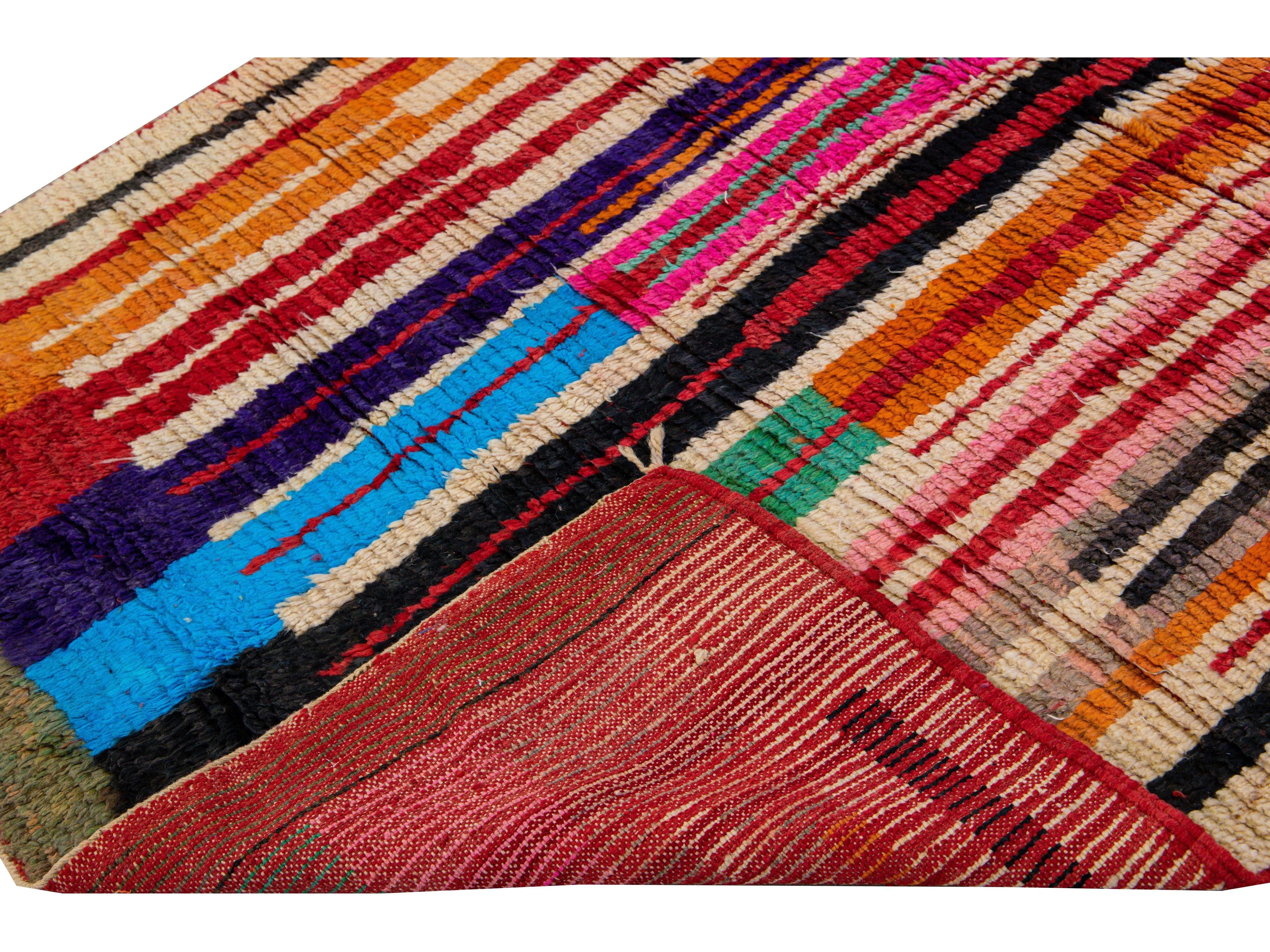  Vintage Beni Ourain Moroccan Handmade Multicolor Designed Beige Wool Rug