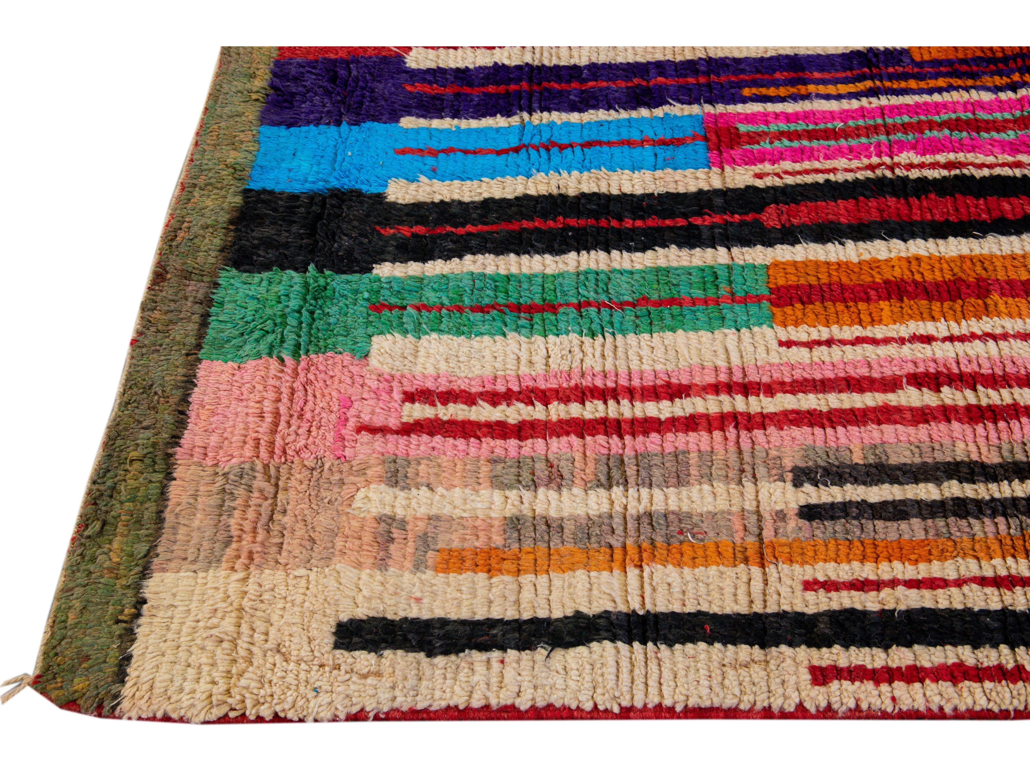  Vintage Beni Ourain Moroccan Handmade Multicolor Designed Beige Wool Rug