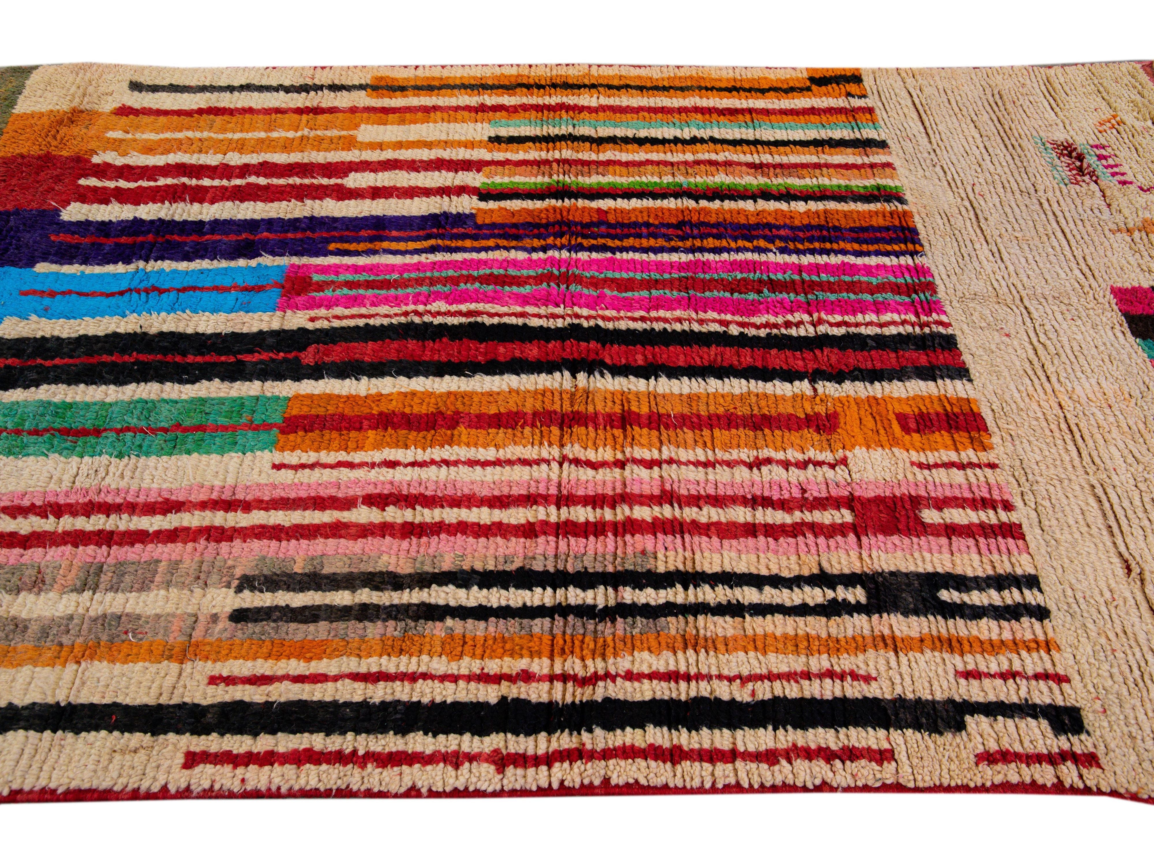  Vintage Beni Ourain Moroccan Handmade Multicolor Designed Beige Wool Rug