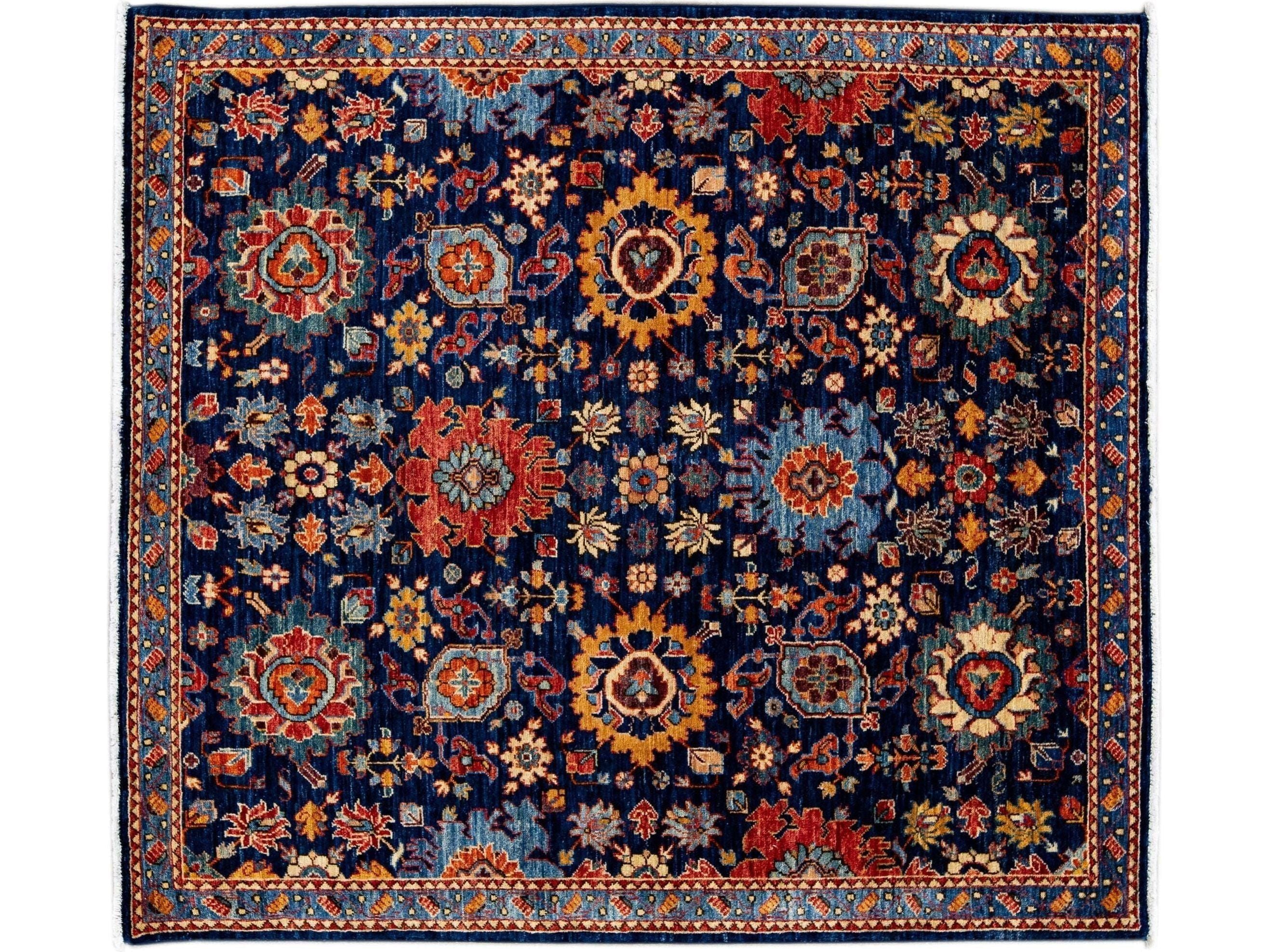 Modern Bidjar Style Handmade Floral Designed Blue Scatter Wool Rug