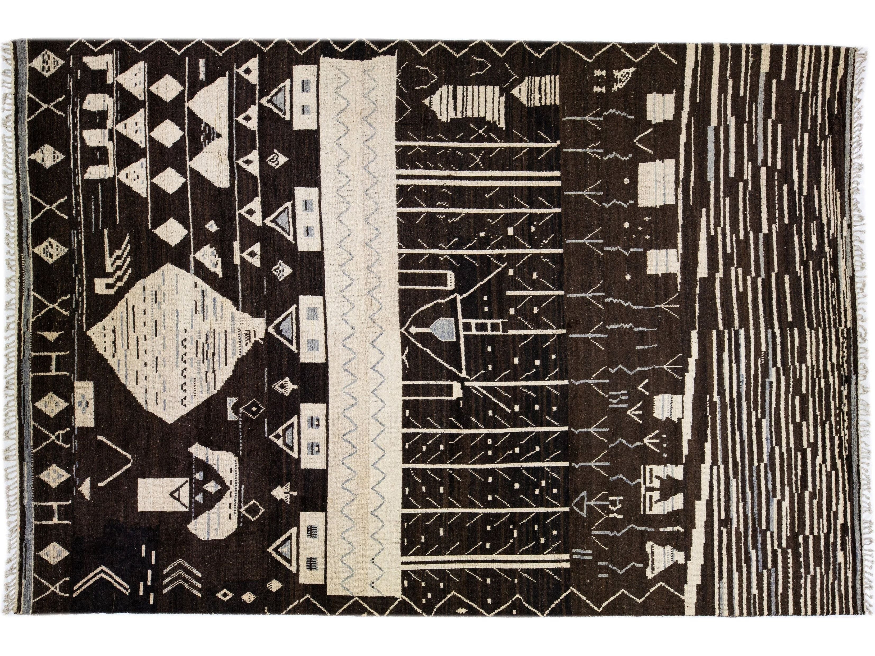 Modern Moroccan Style Brown Handmade Tribal Motif Oversize Wool Rug