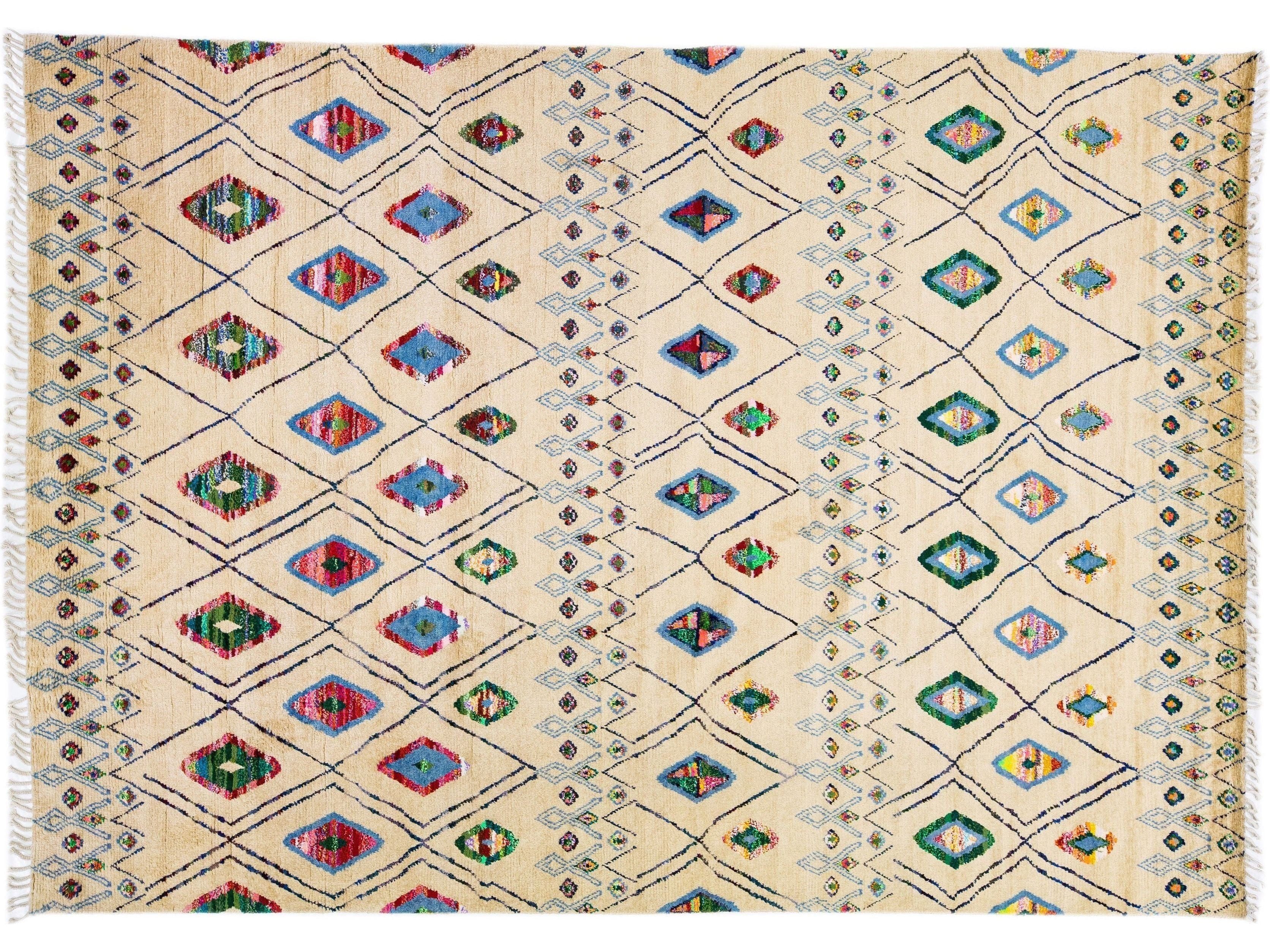 Modern Moroccan Style Handmade Beige Wool Rug With Tribal Design