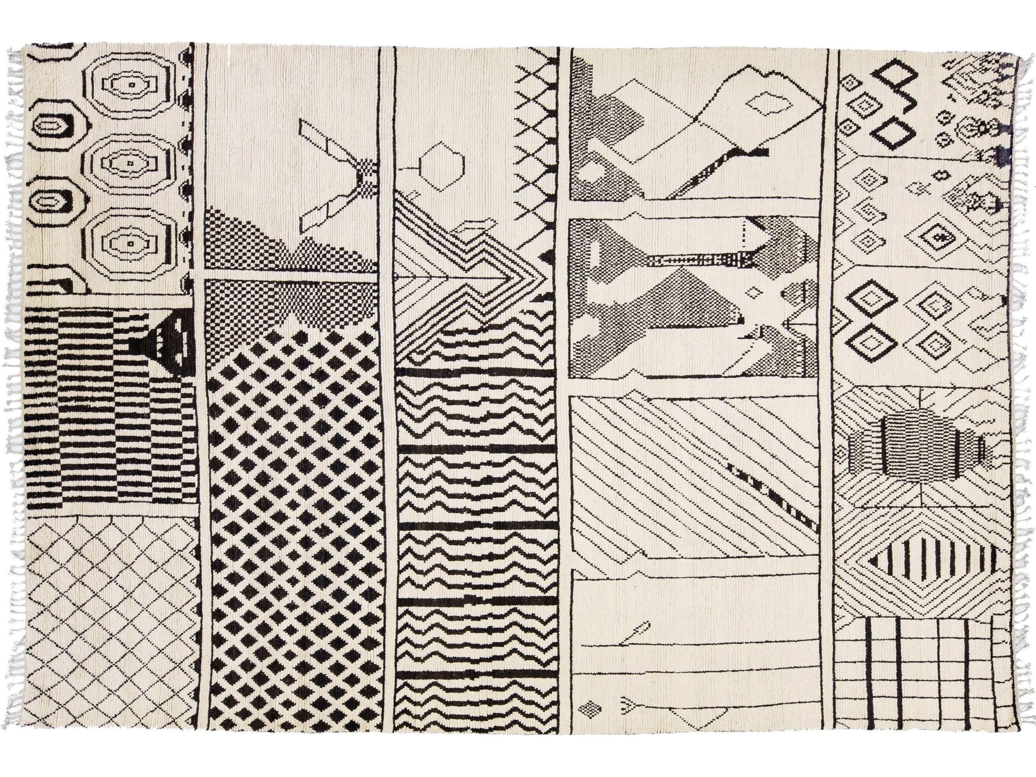 Modern Tribal Moroccan Style Handmade Beige Wool Rug