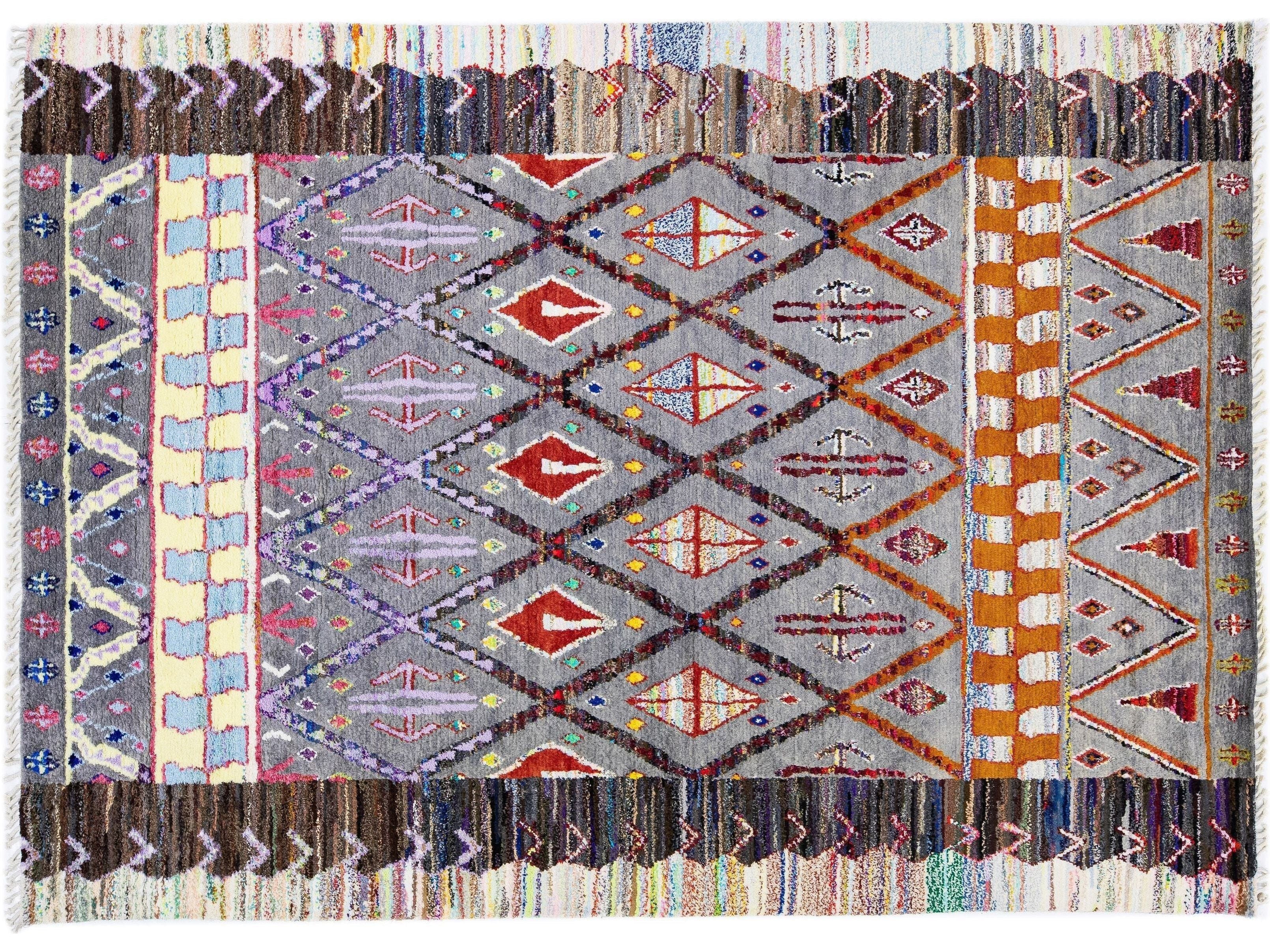 Modern Moroccan Style Gray Handmade Wool Rug With Multicolor Tribal Design