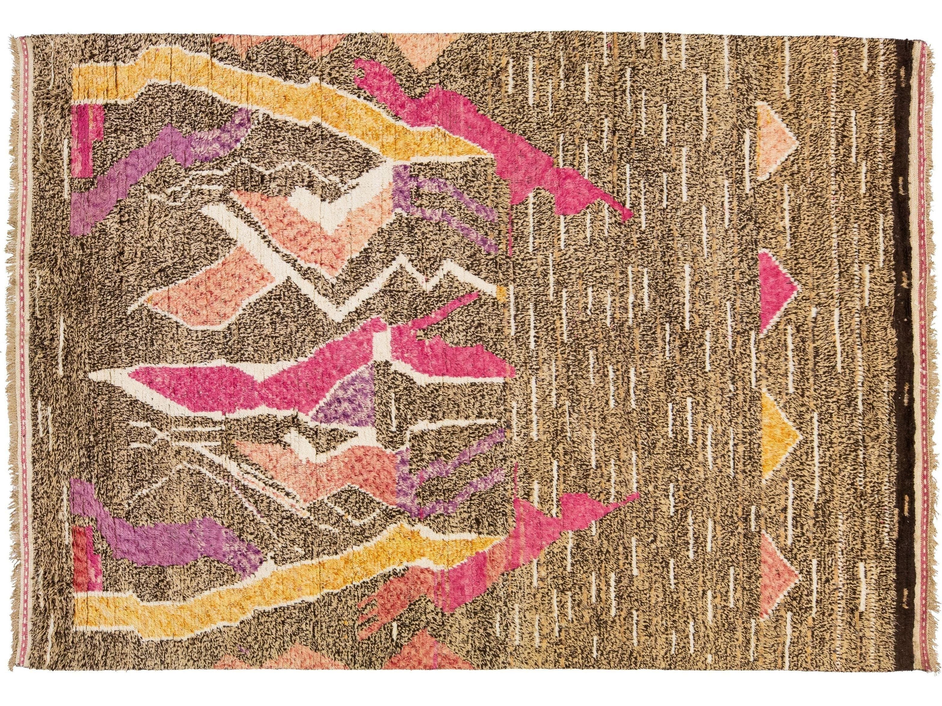 Modern Moroccan Style Tan Handmade Wool Rug With Multicolor Abstract Design