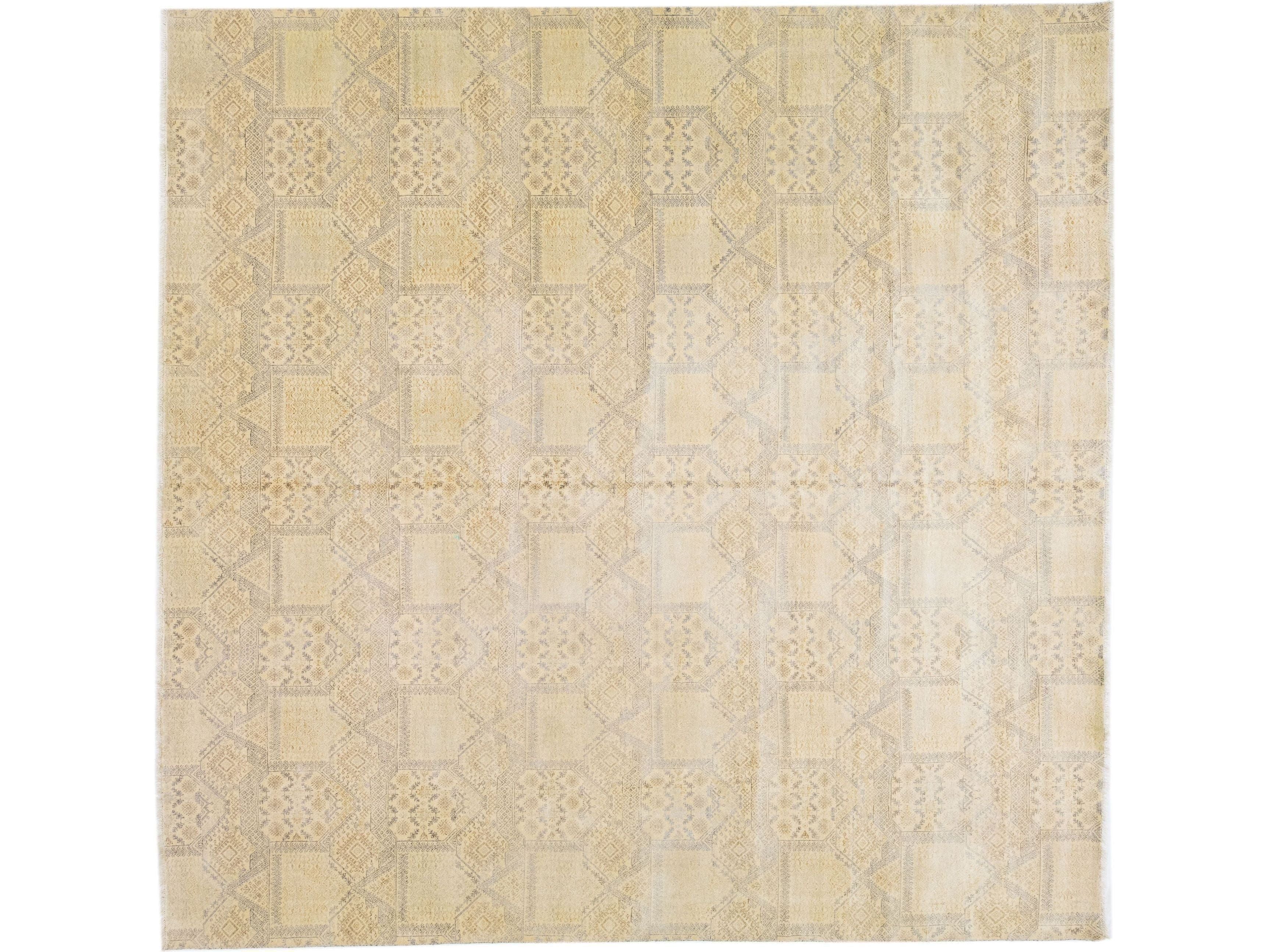 Modern Handmade Beige Square Wool Rug with Geometric Pattern