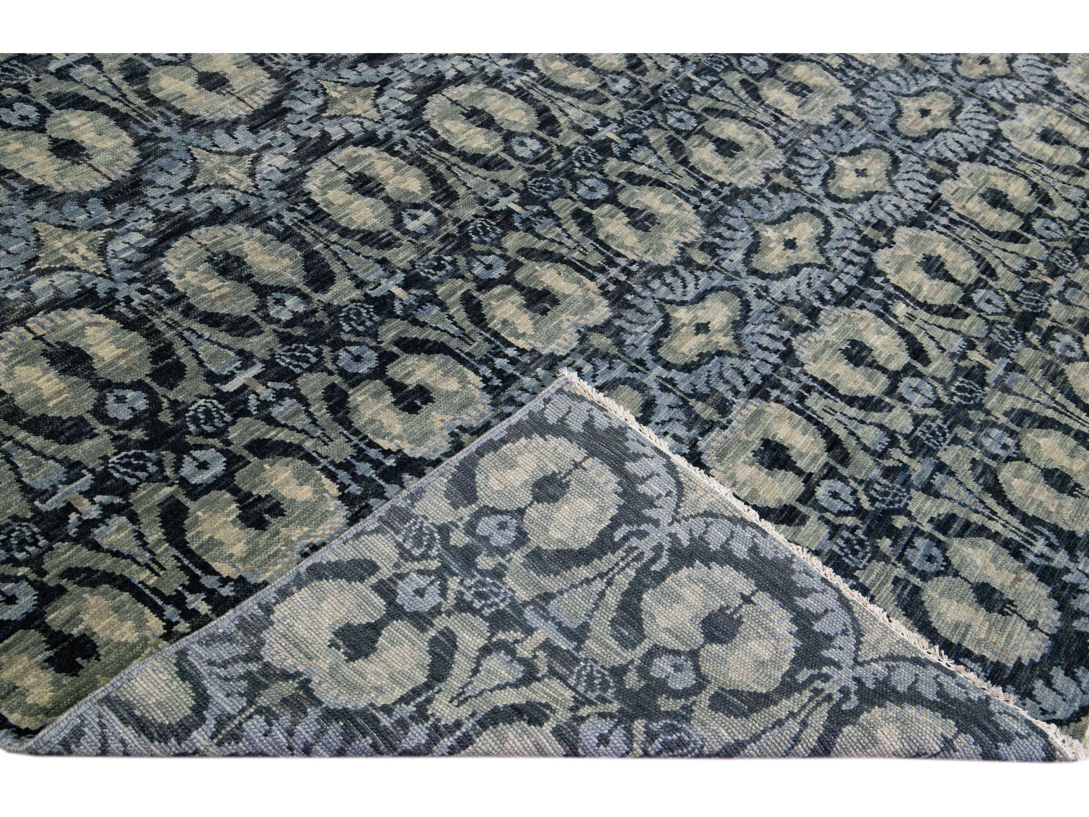 Modern Moroccan Handmade Oversize Blue Wool Rug With Allover Design