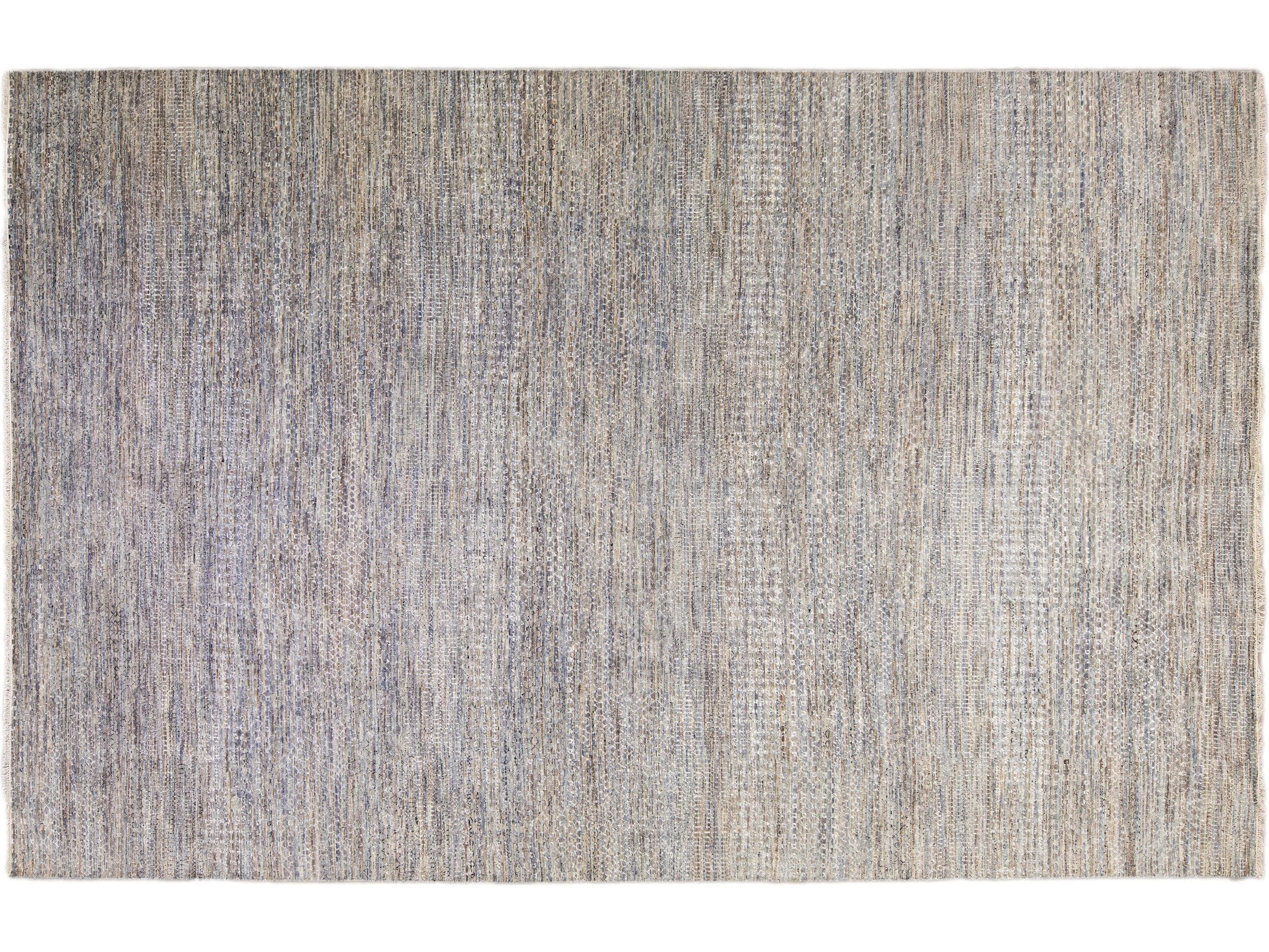 Modern Savannah Handmade Geometric Gray and Beige Oversize Wool Rug