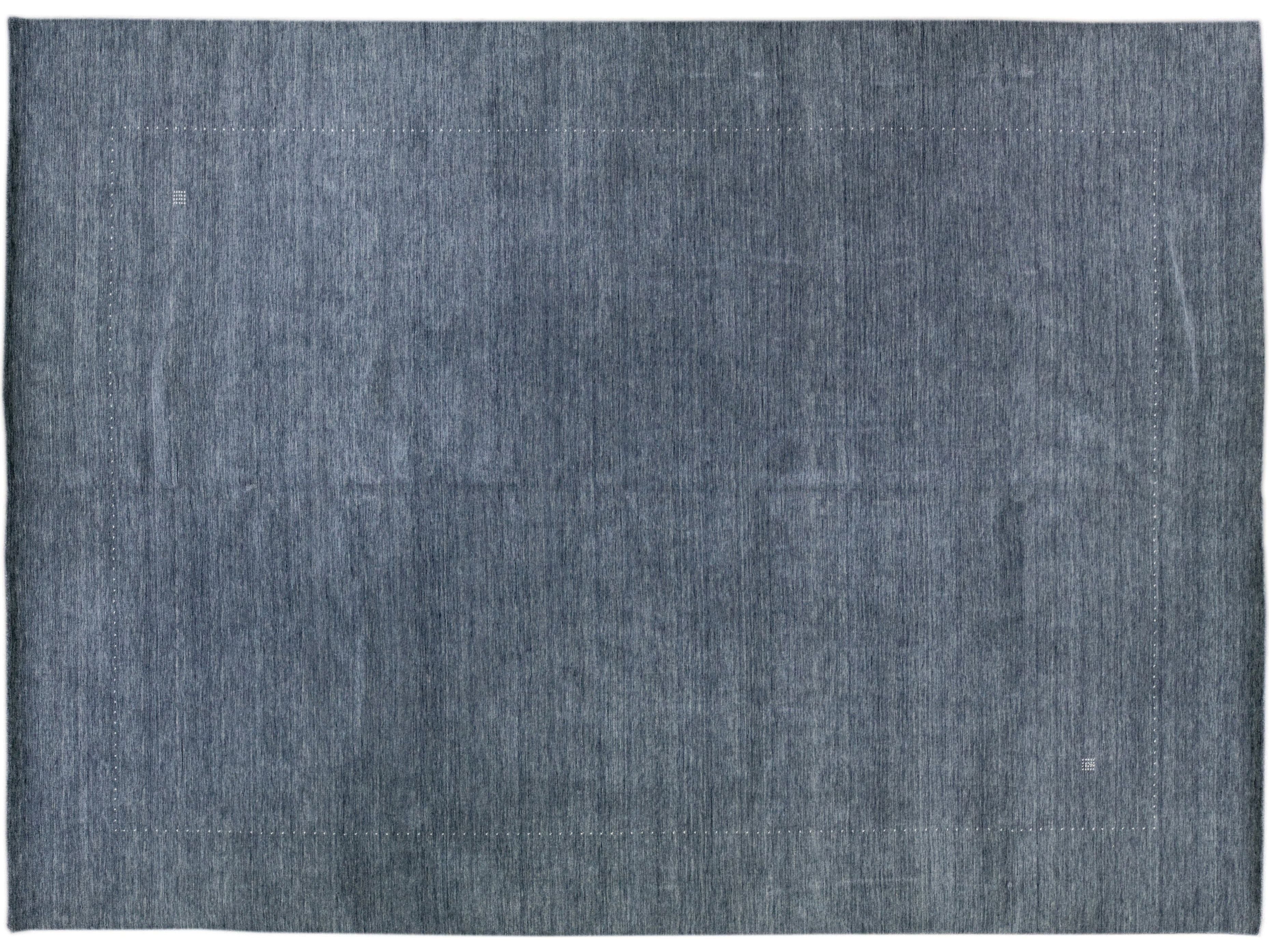Blue Modern Gabbeh Style Hand-Loom Minimalist Pattern Wool Rug