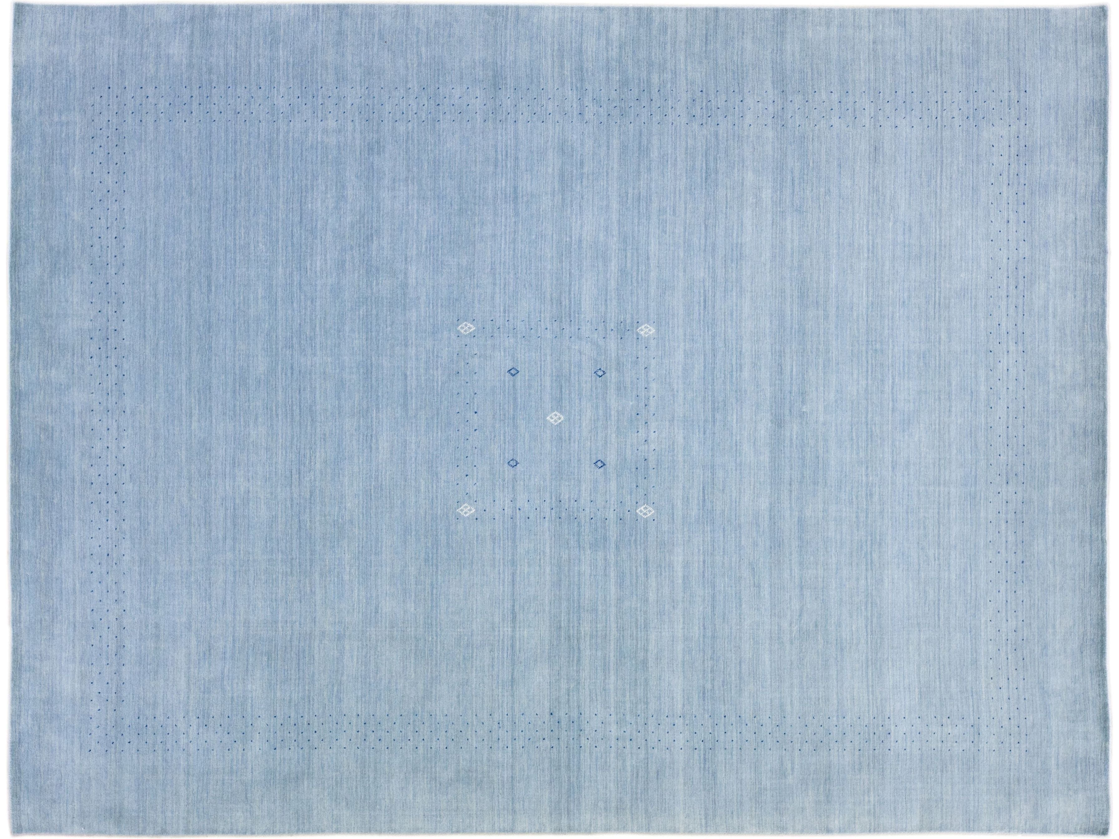 Light Blue Modern Gabbeh Style Hand-Loom Wool Rug With Minimal Design