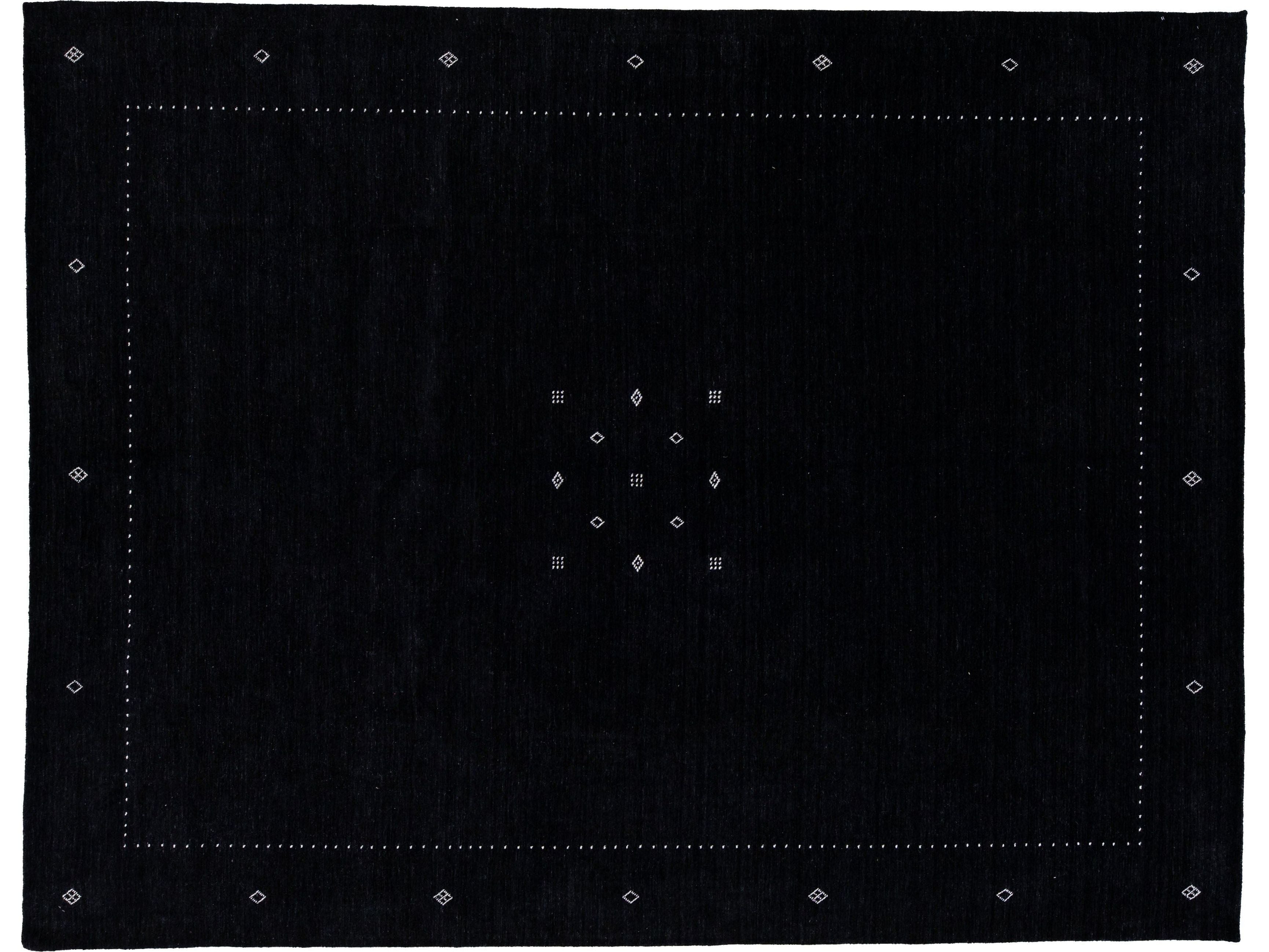 Modern Gabbeh Style Black Handmade MInimalist Wool Rug